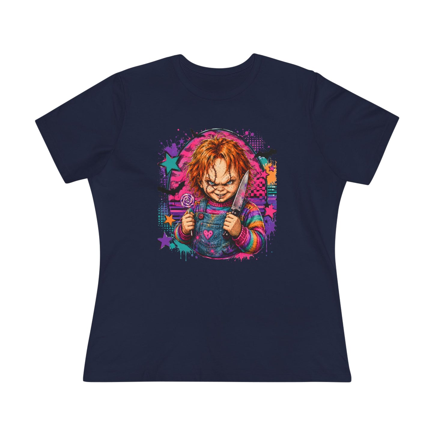 Chucky Horror Graphic Tee — Retro Neon Killer Doll Shirt for Women