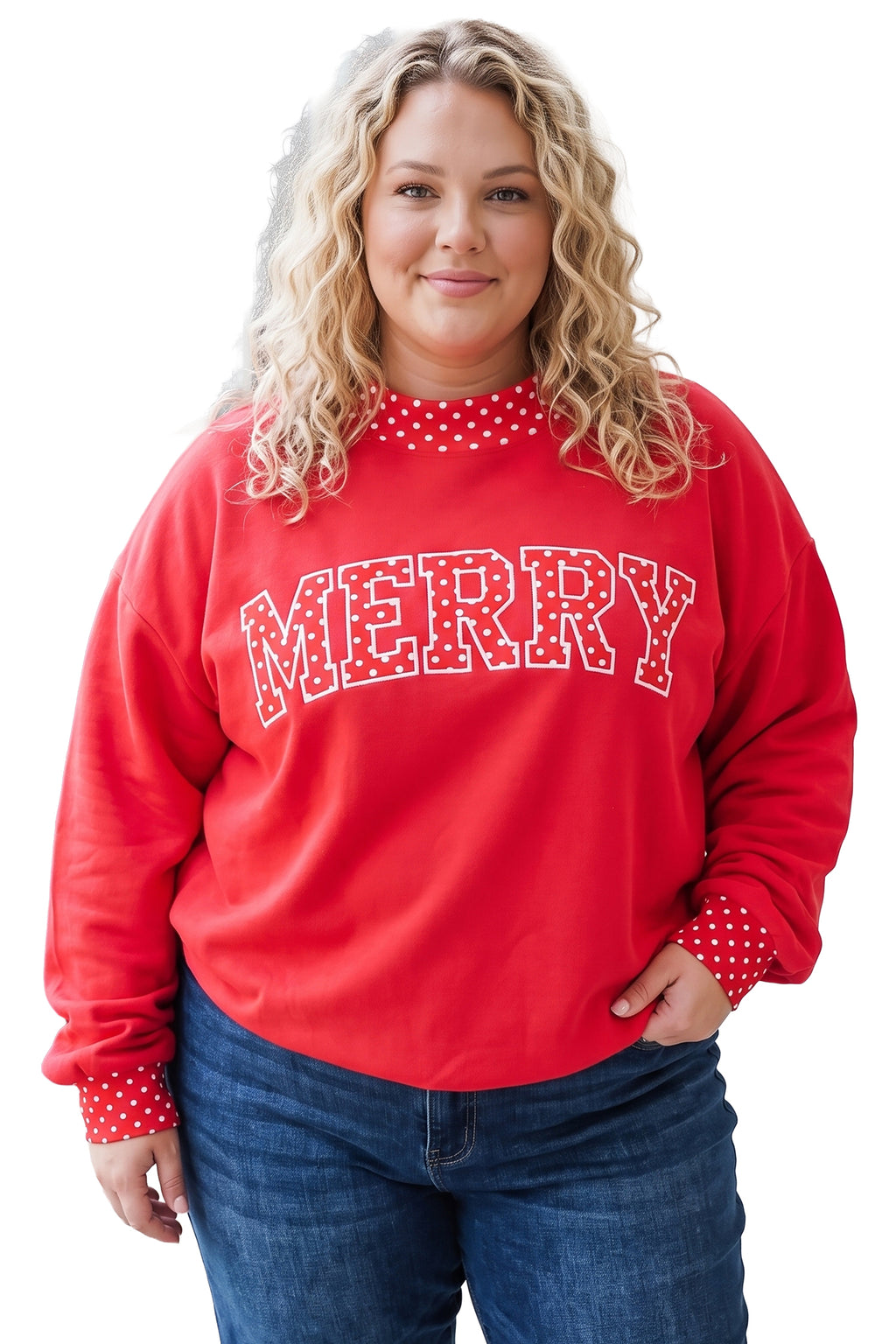 Fiery Red Casual Polka Dot Patchwork Letter Graphic Plus Size Sweatshirt