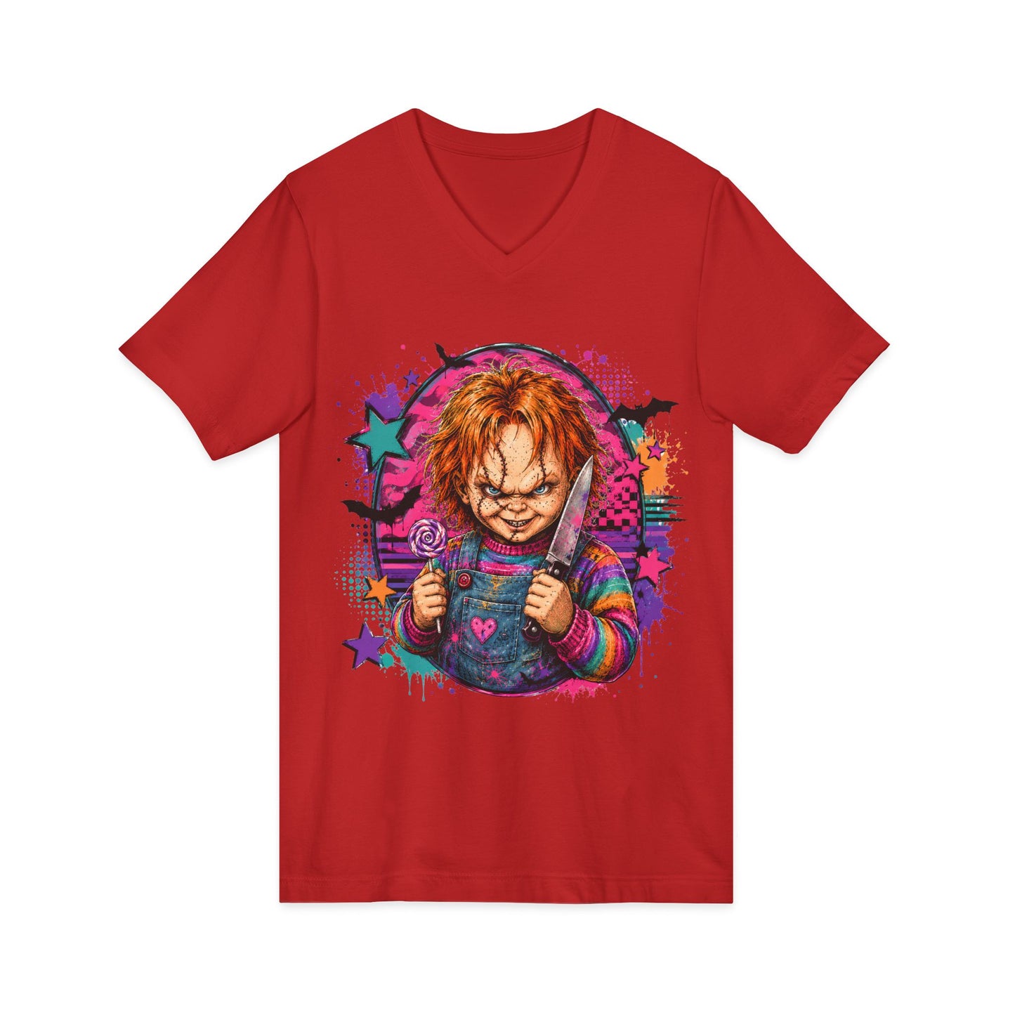 Horror Doll V-Neck Tee — Colorful Creepy Chucky Graphic Shirt