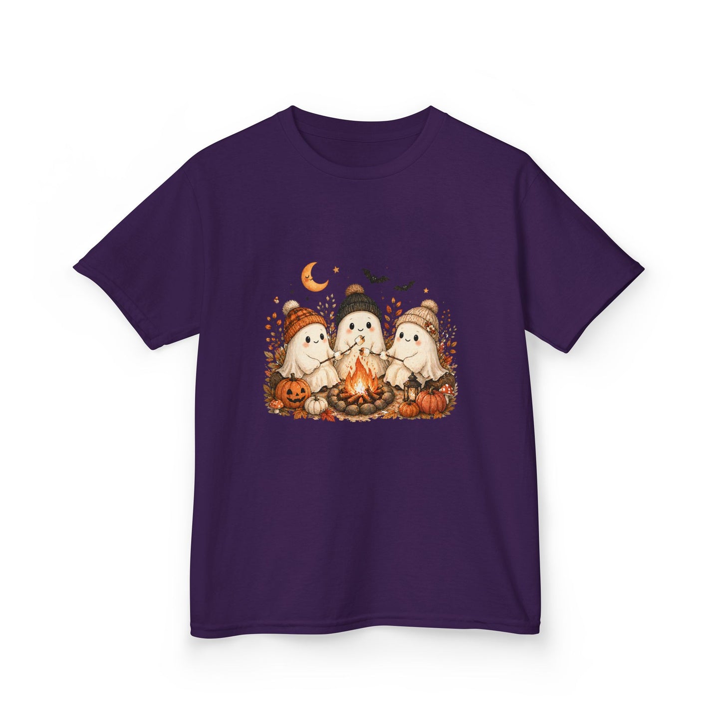 Kids Tee — Cute Halloween Ghosts Campfire Design (Pumpkins, Moon & Bats)
