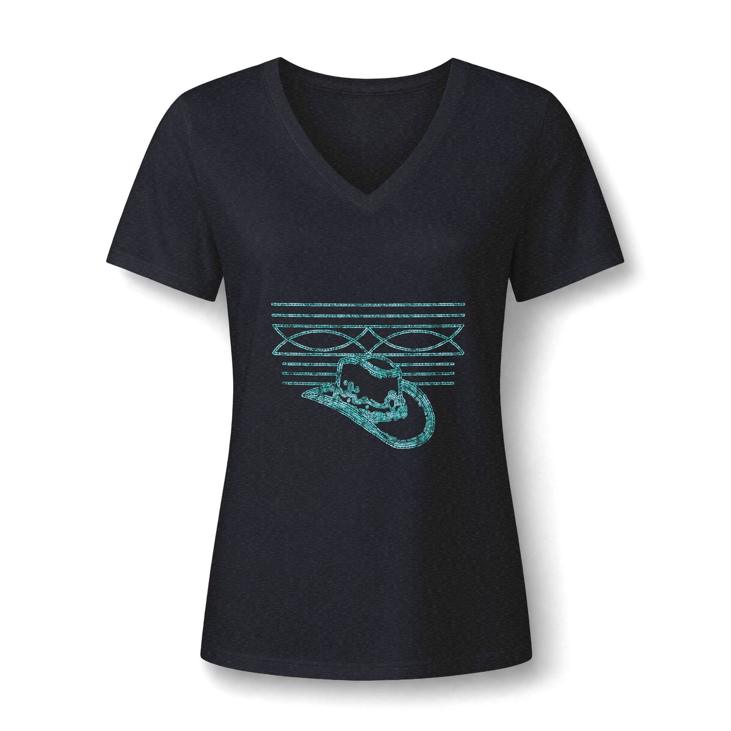 Women’s V‑Neck Tee — Teal Distressed Cowboy Hat Graphic