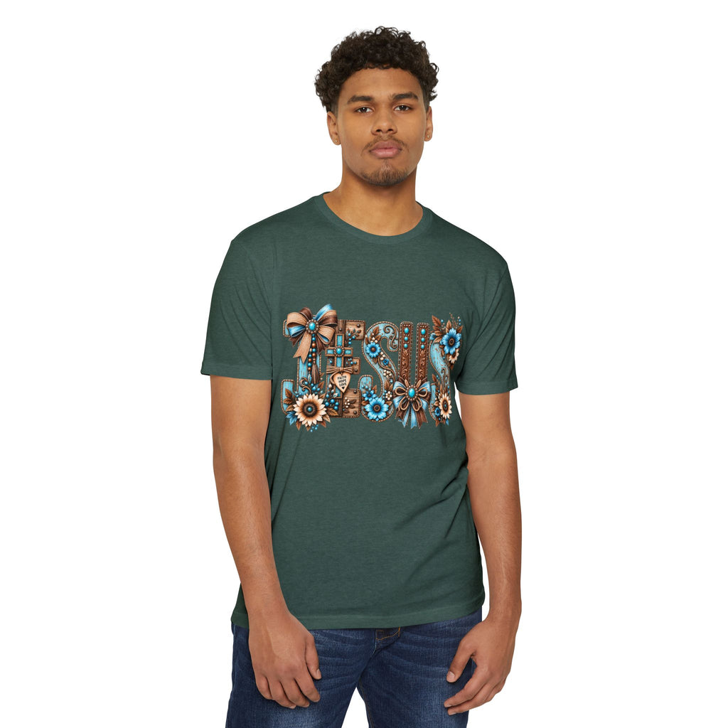 Jesus Floral Typography T-Shirt — Rustic Blue & Brown Christian Tee