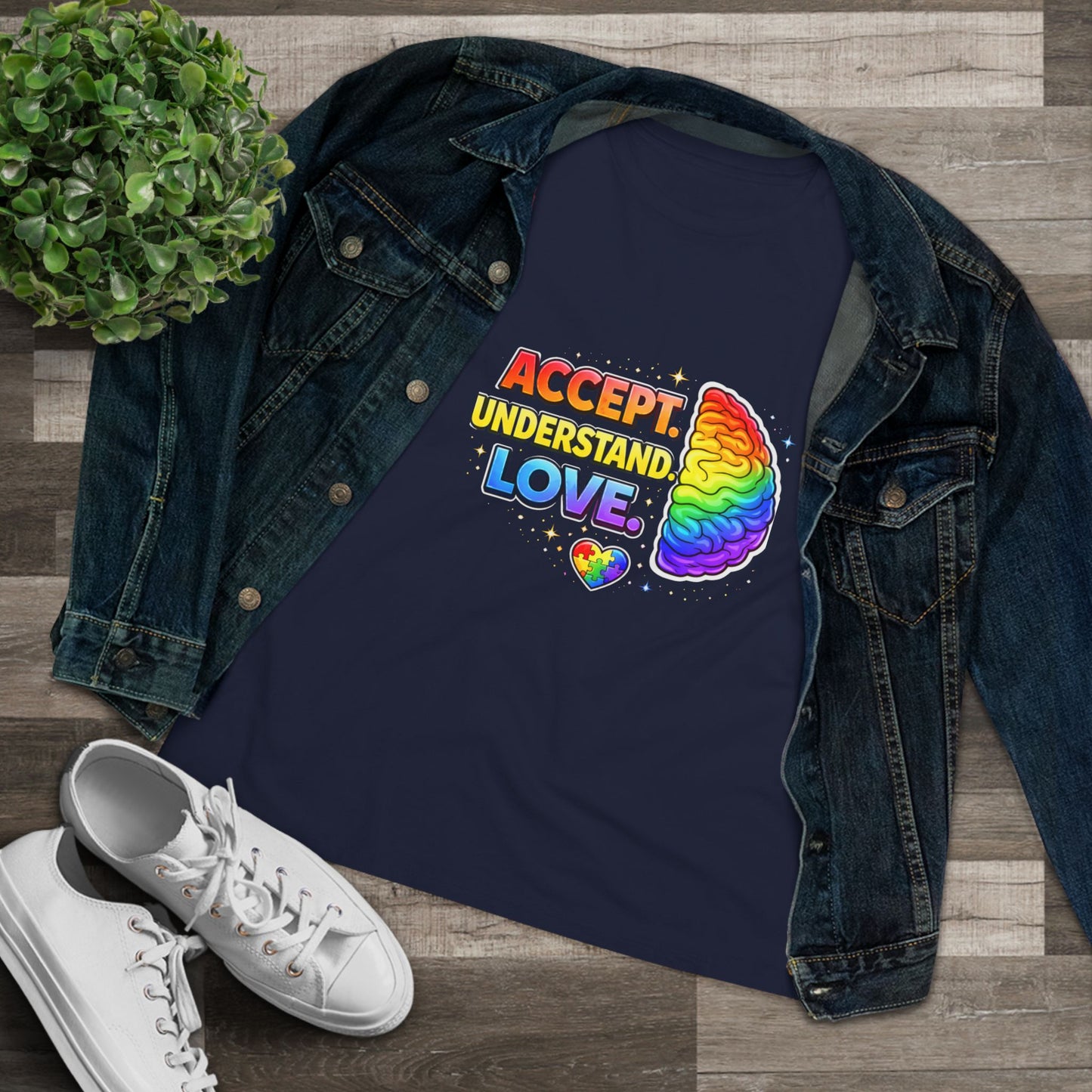 Accept Understand Love Rainbow Brain Women's Tee — LGBTQ+ Pride Mental Health Awareness Shirt