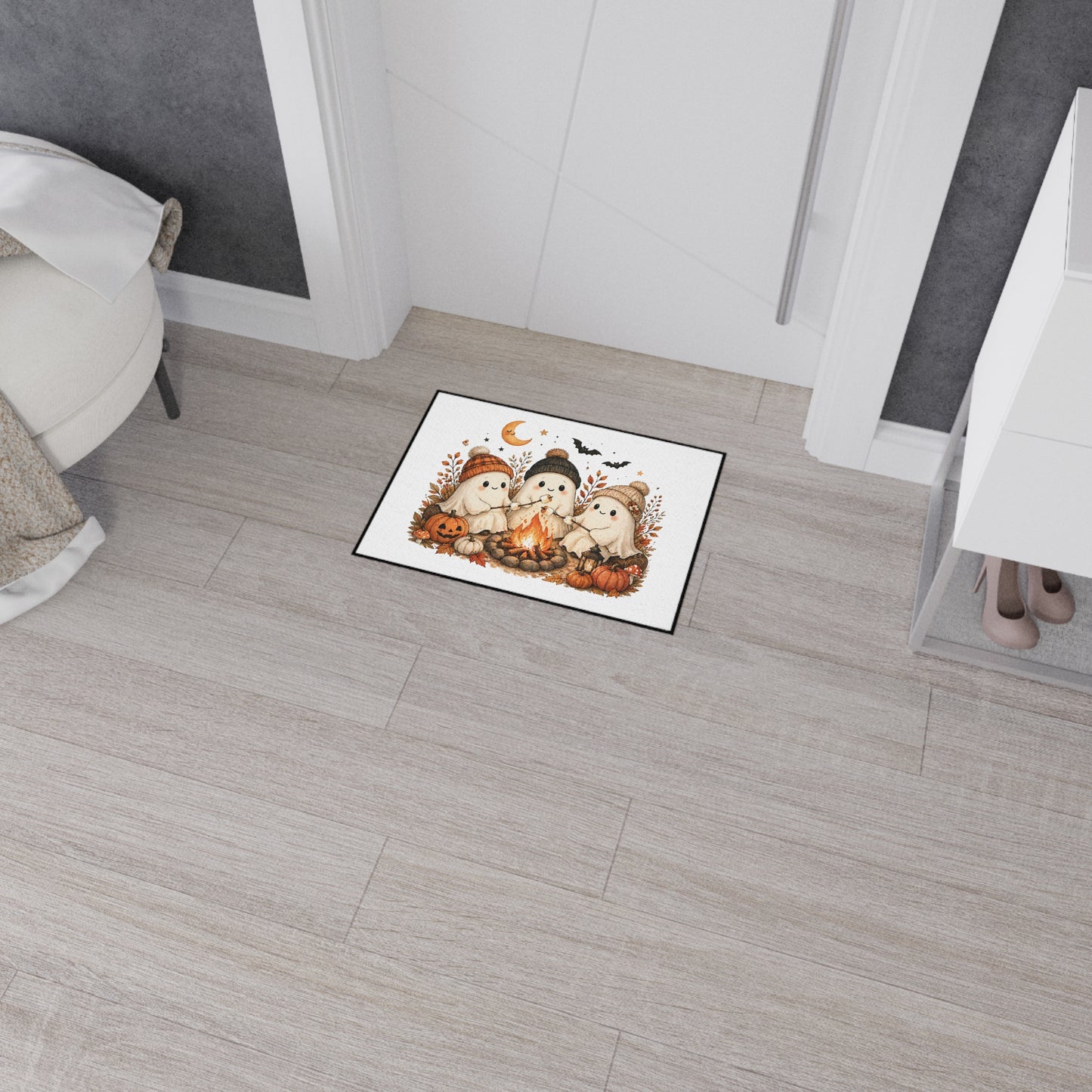 Halloween Ghosts Floor Mat — Cute Campfire Pumpkin Welcome Rug