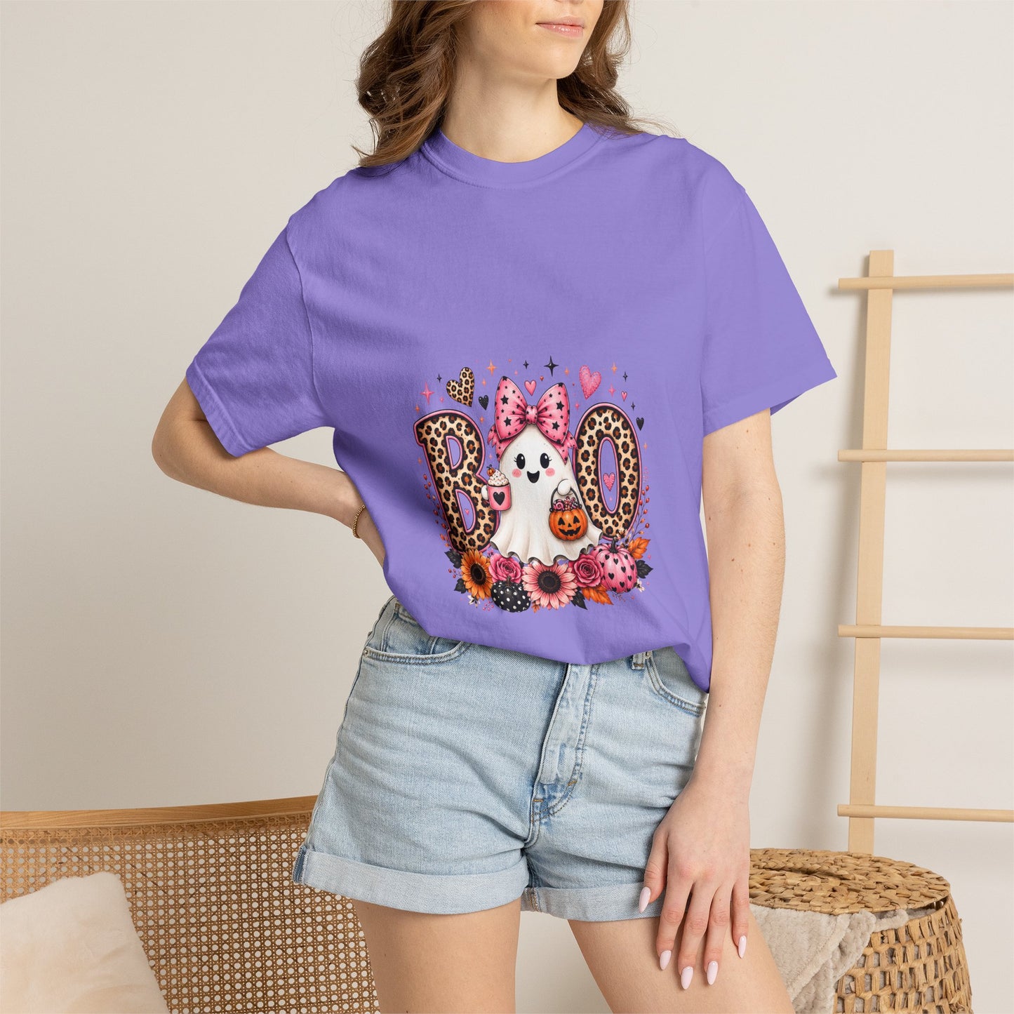 Boo Floral Ghost T-Shirt — Cute Pink Leopard Halloween Tee