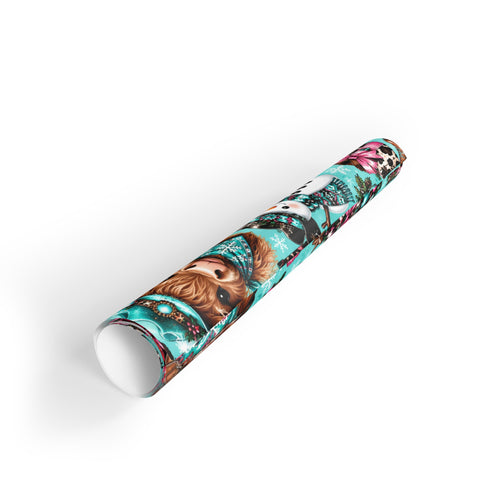 Christmas Cat & Snowman Gift Wrap Roll — Cute Turquoise Holiday Wrapping Paper