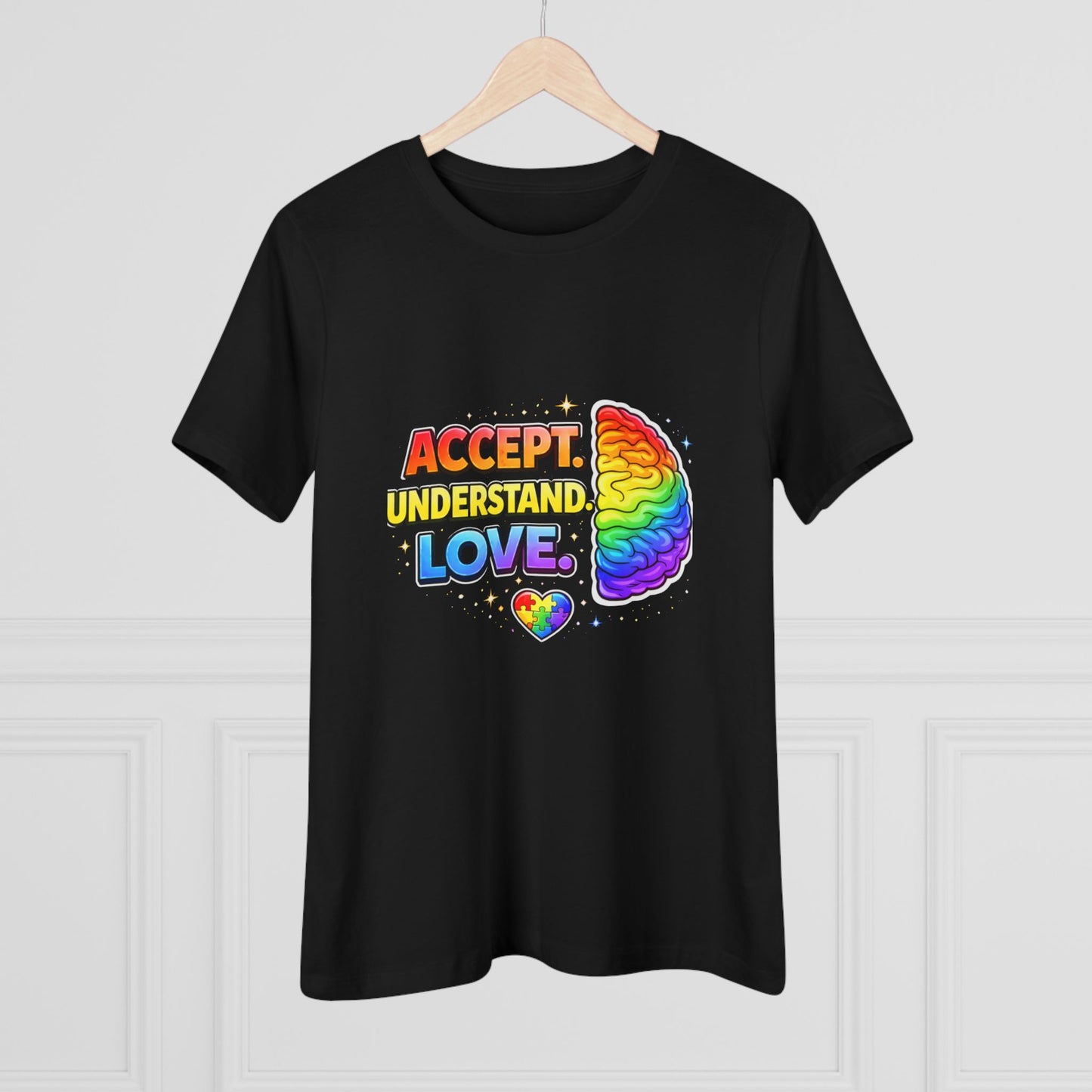 Accept Understand Love Rainbow Brain Women's Tee — LGBTQ+ Pride Mental Health Awareness Shirt