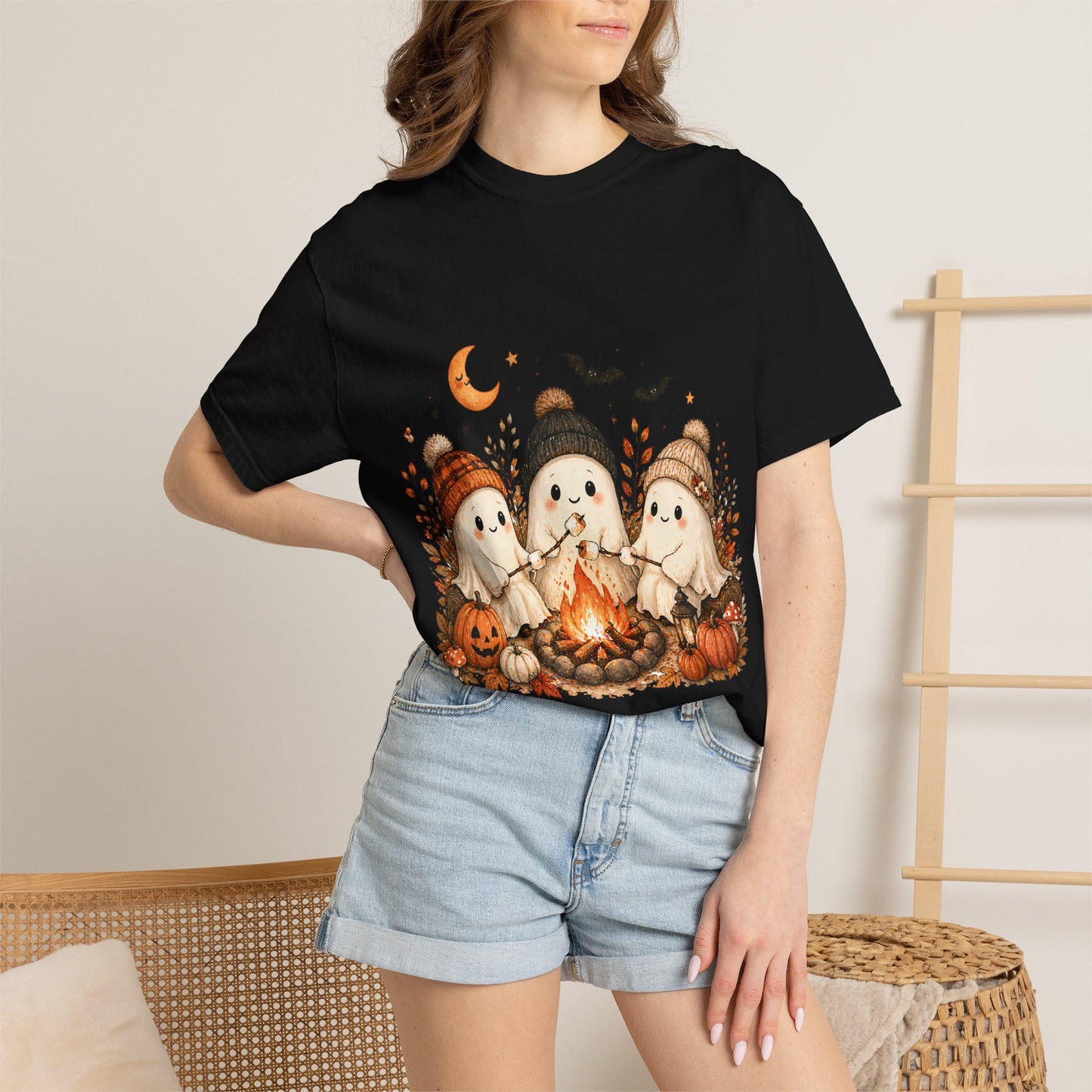 Halloween Ghost Trio Campfire T-Shirt — Cute Spooky Pumpkin Tee