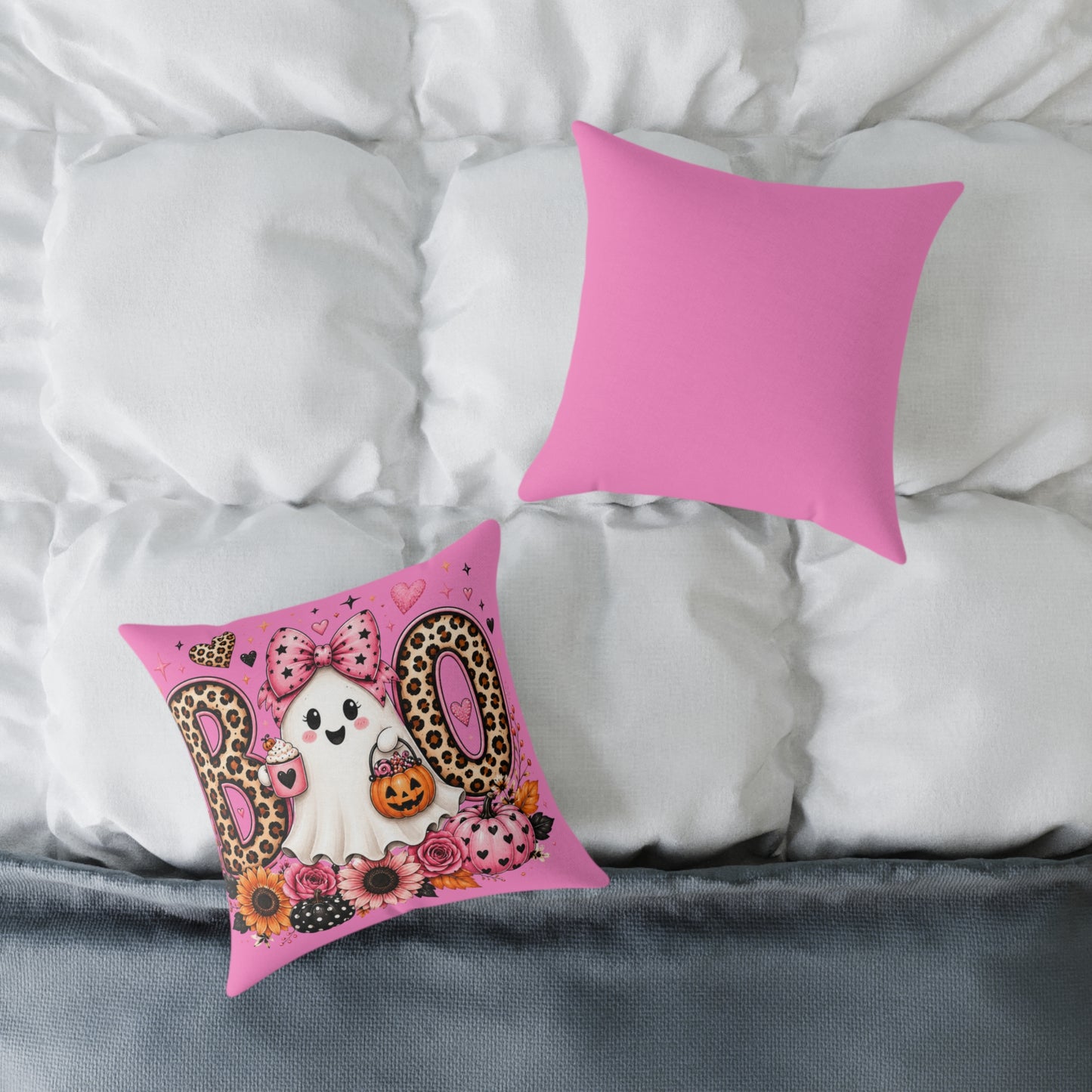 Boo Pink Ghost Pillow — Cute Leopard Halloween Decorative Throw Pillow