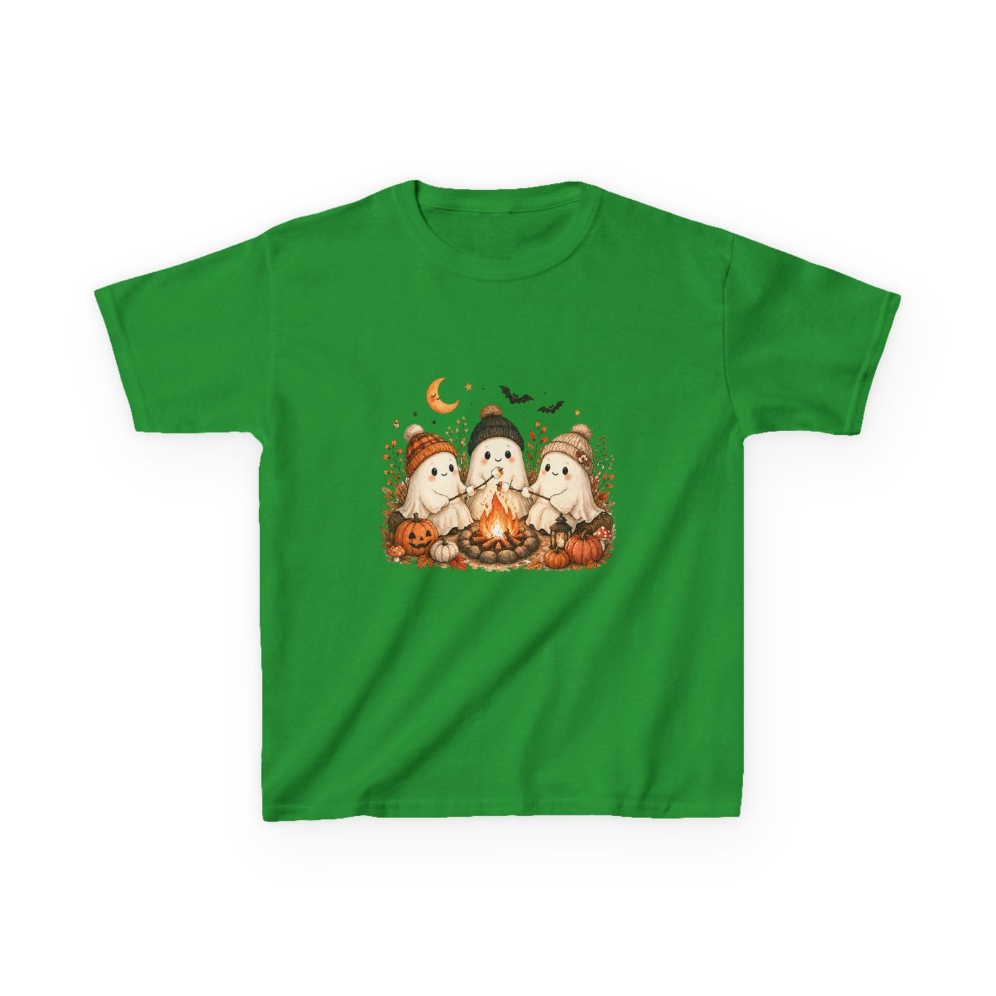 Kids Tee — Cute Halloween Ghosts Campfire Design (Pumpkins, Moon & Bats)