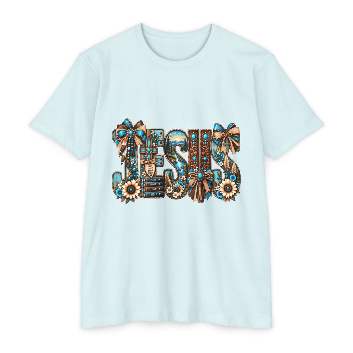 Jesus Floral Graphic T-Shirt — Decorative Faith Tee with Bows & Sunflowers