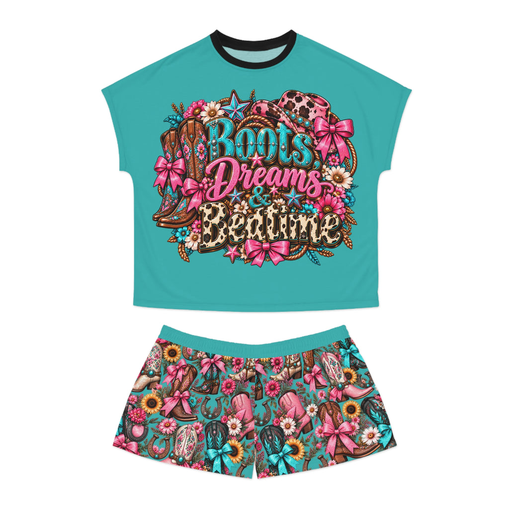 Women's Pajama Set - 'Boots Dreams & Glitter' Floral Cowboy Short Sleep Set
