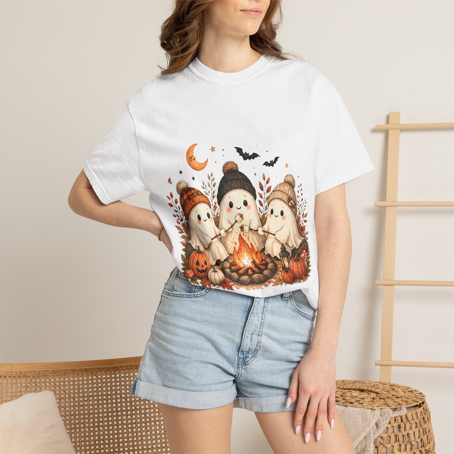 Halloween Ghost Trio Campfire T-Shirt — Cute Spooky Pumpkin Tee