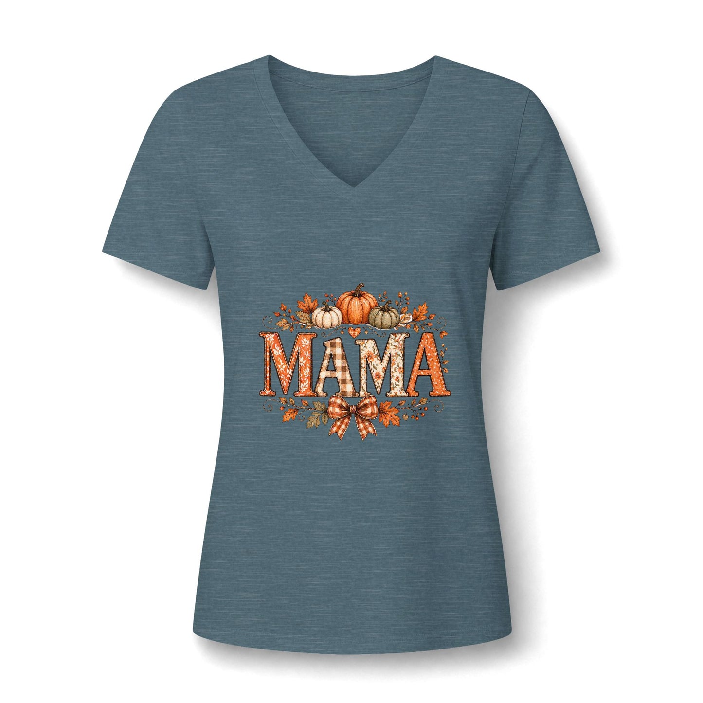 Mama Fall V-Neck Tee — Pumpkin & Autumn Leaves Graphic