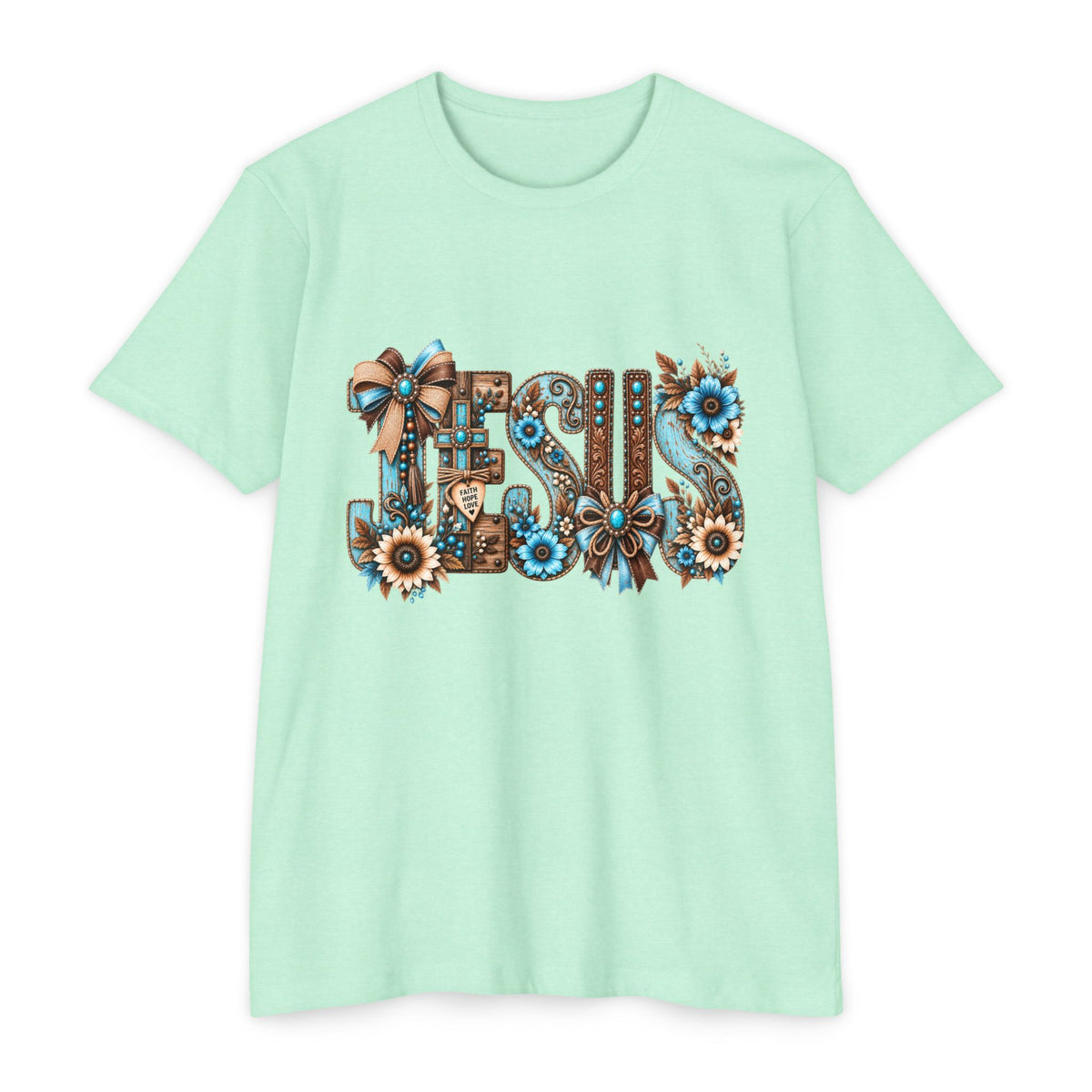 Jesus Floral Typography T-Shirt — Rustic Blue & Brown Christian Tee