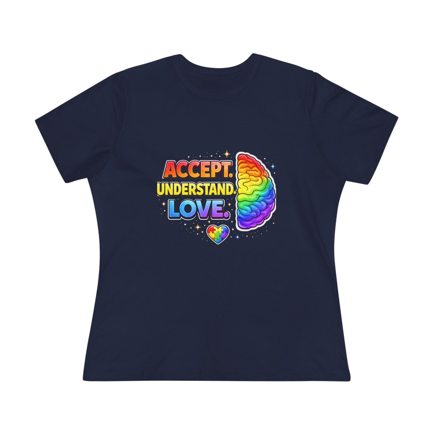 Accept Understand Love Rainbow Brain Women's Tee — LGBTQ+ Pride Mental Health Awareness Shirt