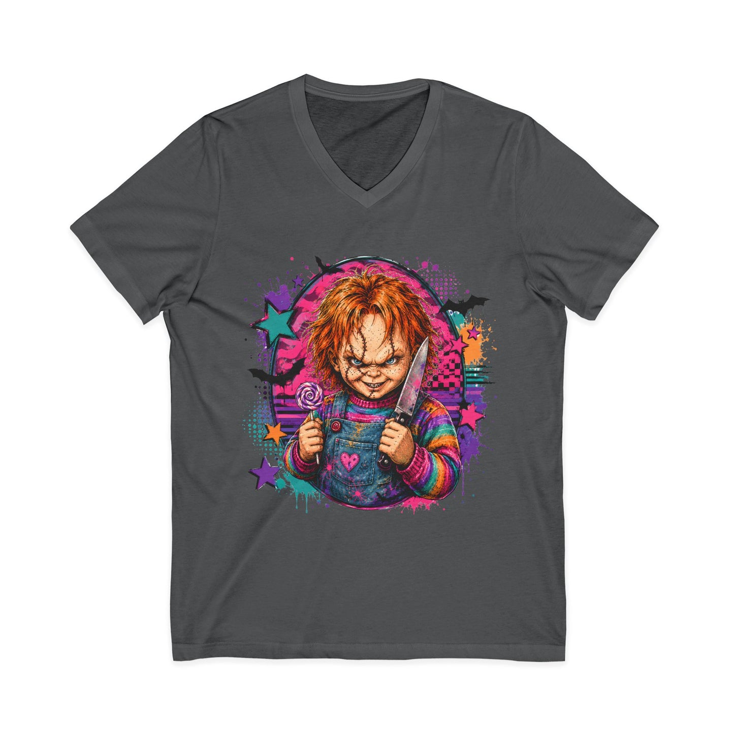 Horror Doll V-Neck Tee — Colorful Creepy Chucky Graphic Shirt