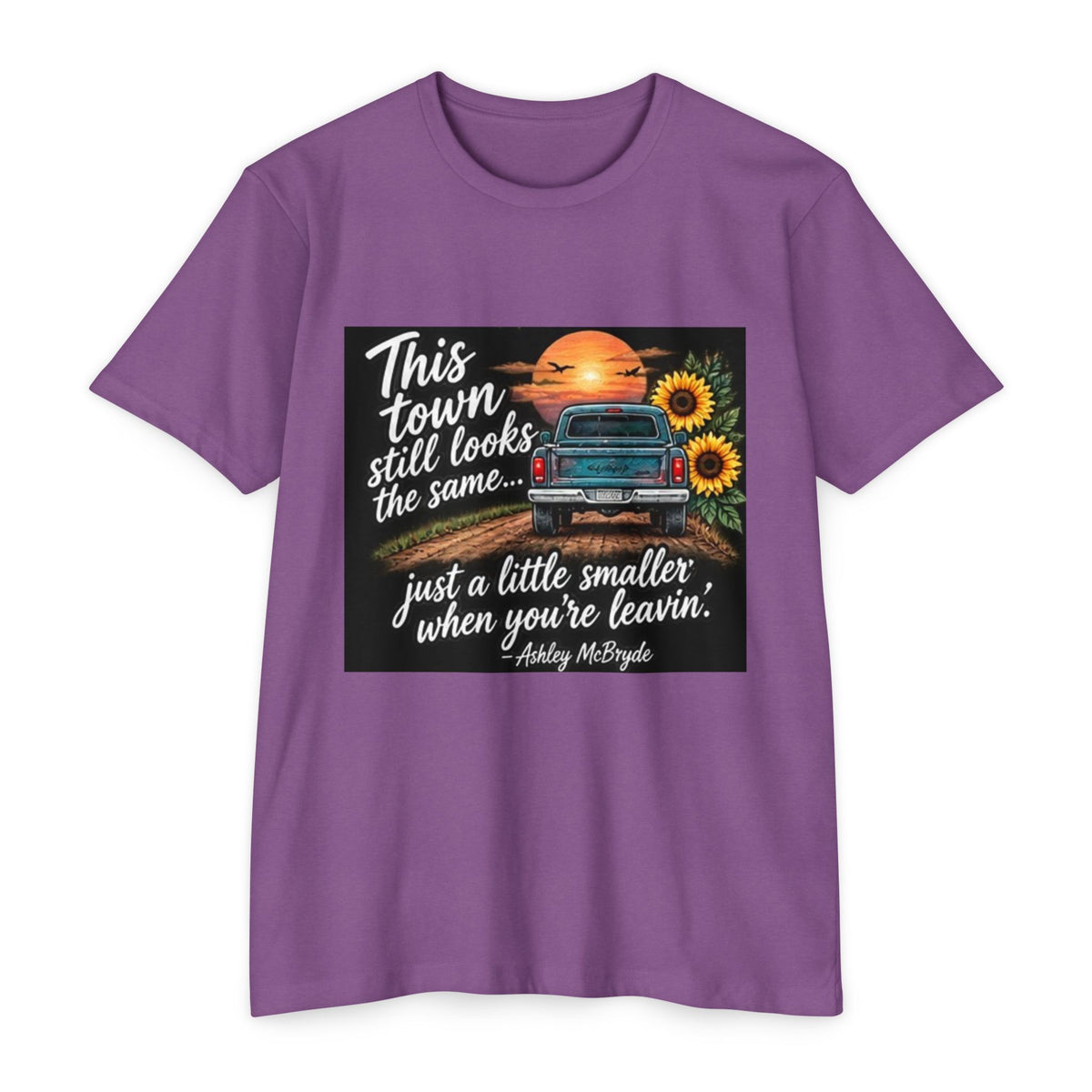 Vintage Pickup Truck Sunset T-Shirt — "This town still looks the same... just a little smaller when you're leavin'"