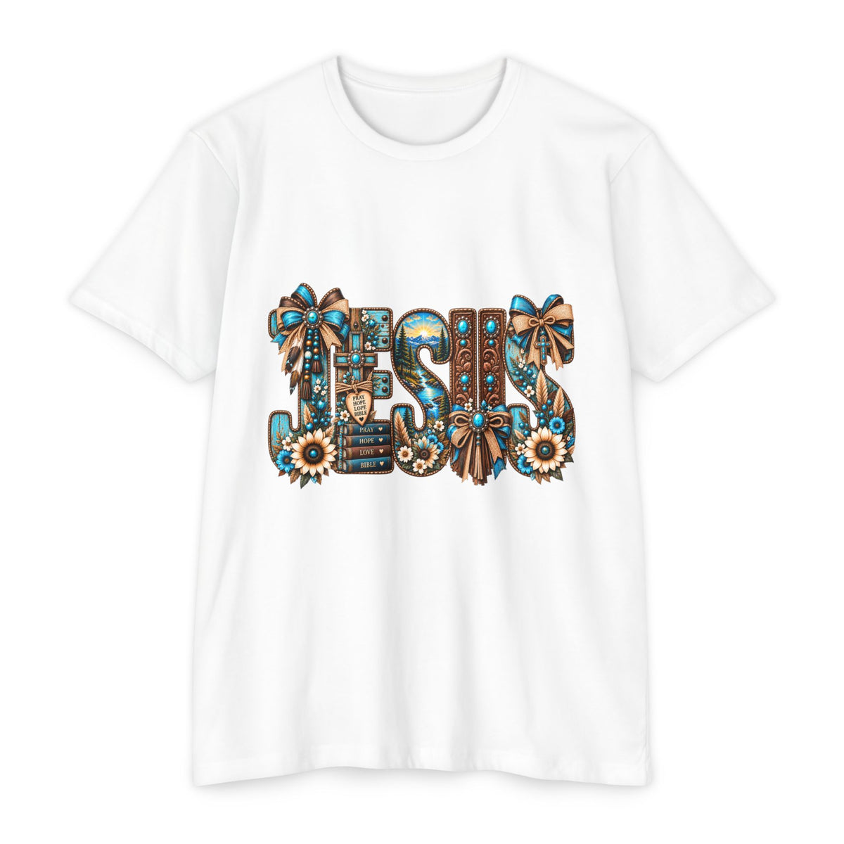 Jesus Floral Graphic T-Shirt — Decorative Faith Tee with Bows & Sunflowers