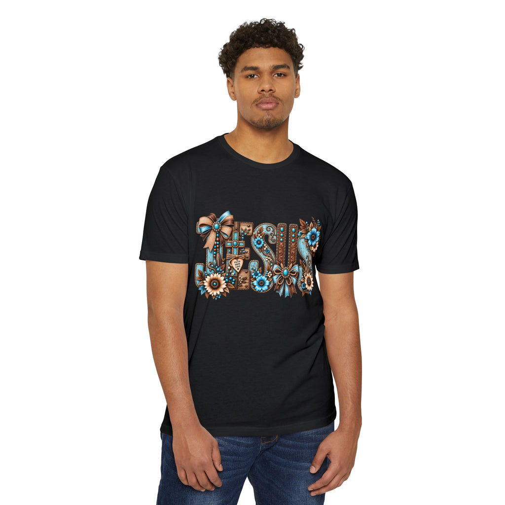 Jesus Floral Typography T-Shirt — Rustic Blue & Brown Christian Tee
