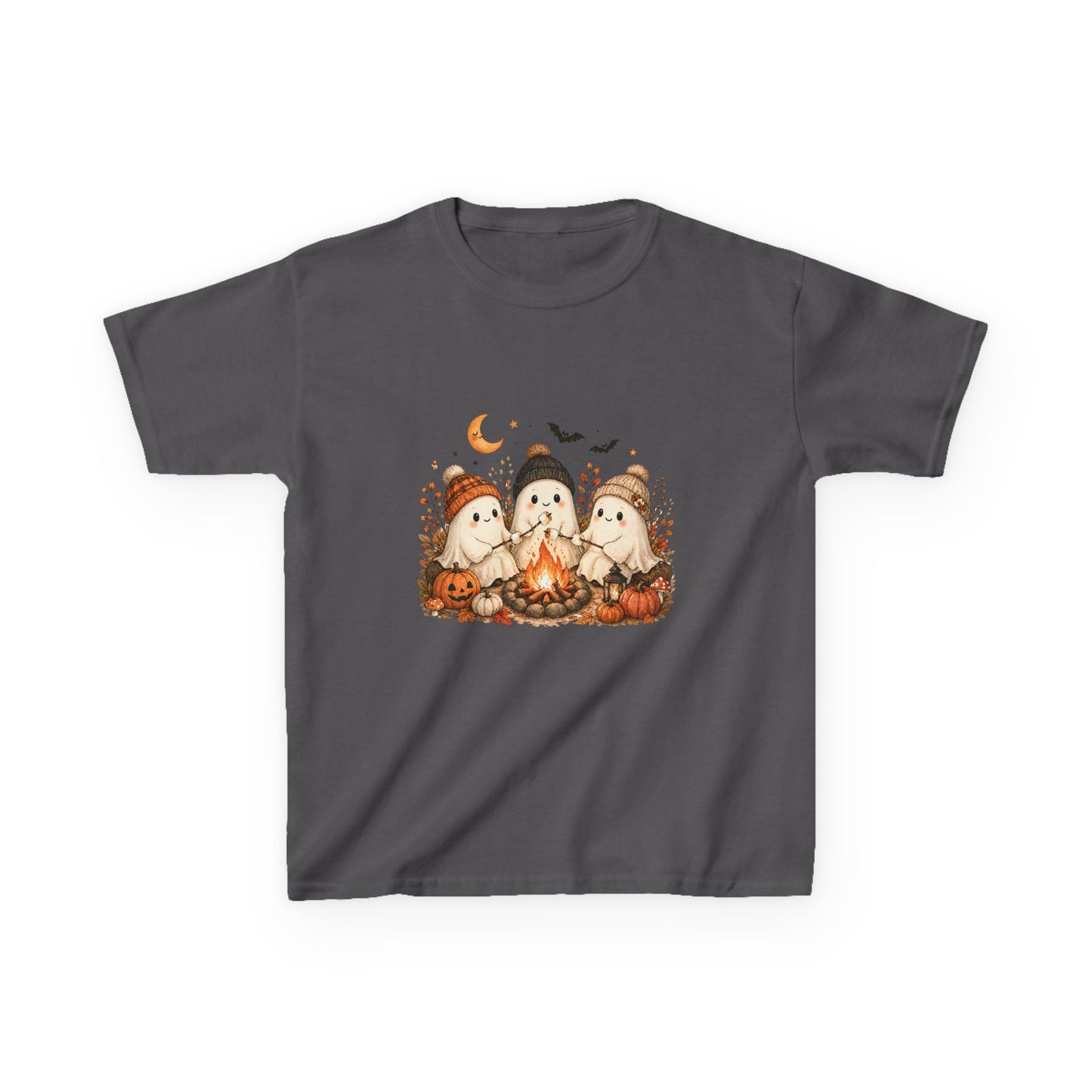 Kids Tee — Cute Halloween Ghosts Campfire Design (Pumpkins, Moon & Bats)