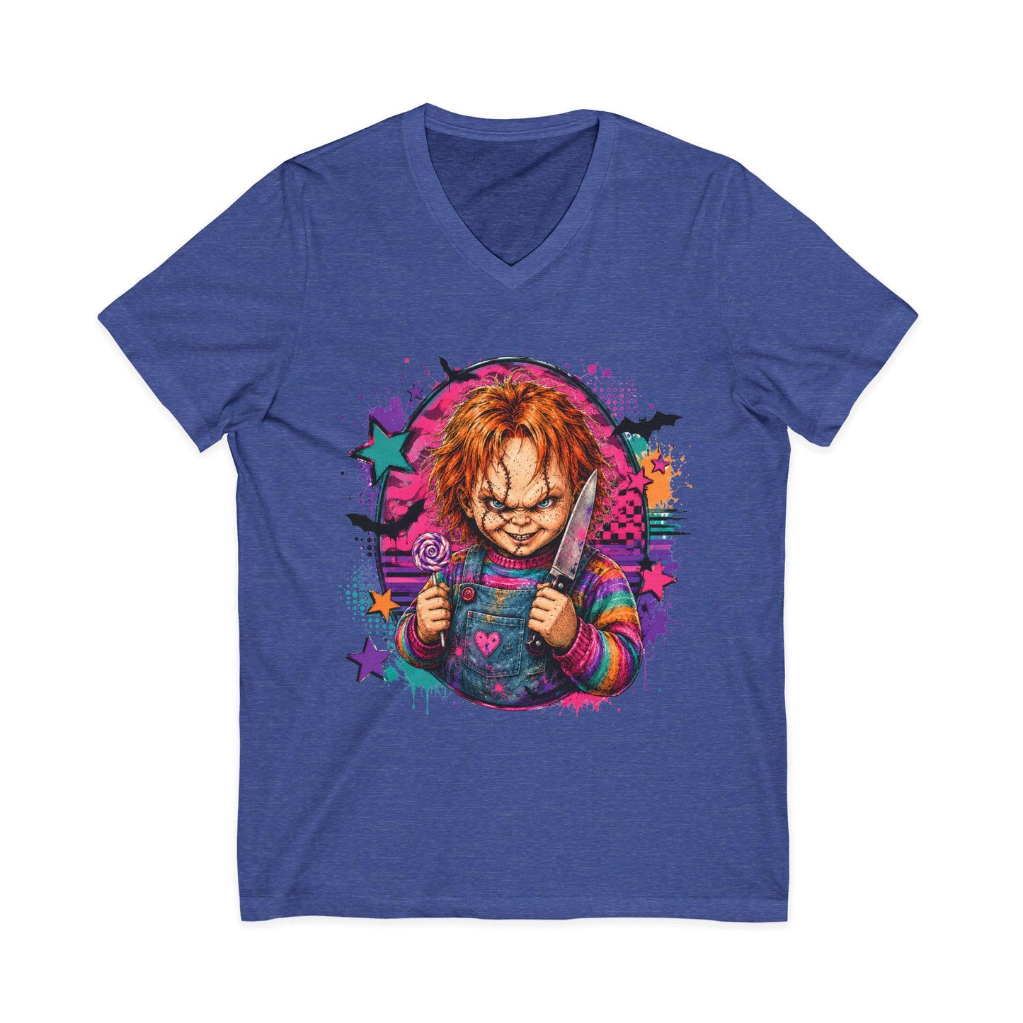 Horror Doll V-Neck Tee — Colorful Creepy Chucky Graphic Shirt
