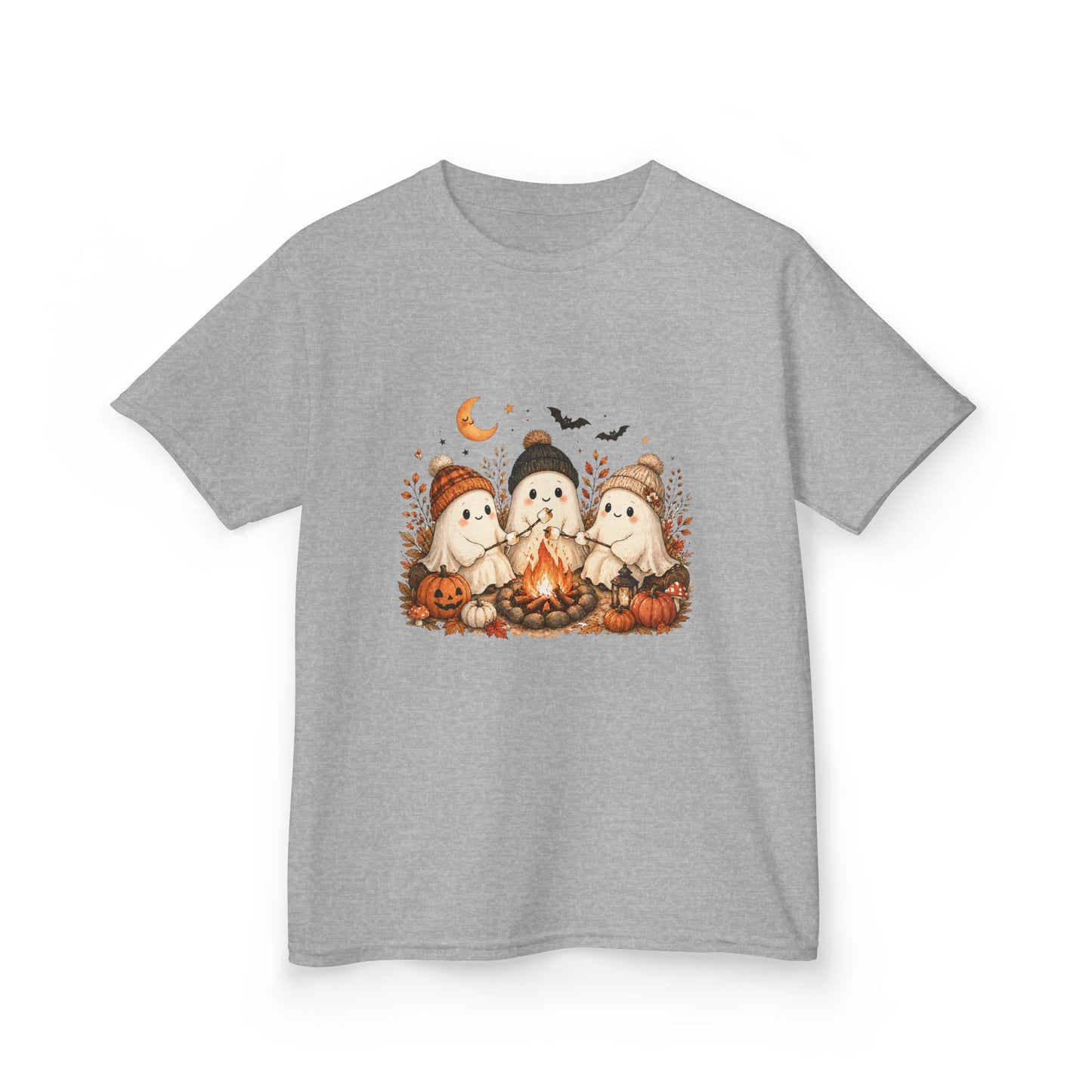 Kids Tee — Cute Halloween Ghosts Campfire Design (Pumpkins, Moon & Bats)