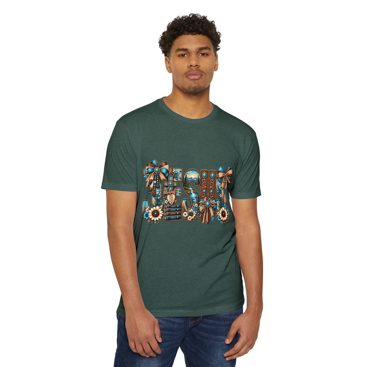 Jesus Floral Graphic T-Shirt — Decorative Faith Tee with Bows & Sunflowers