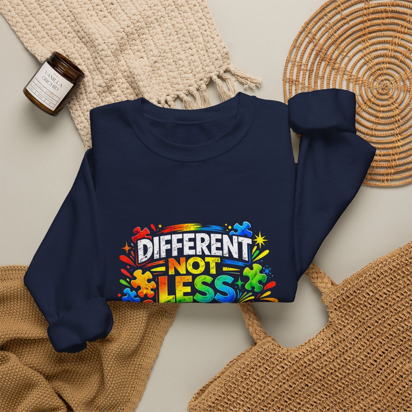 Autism Awareness Crewneck — "Different Not Less" Rainbow Sweatshirt