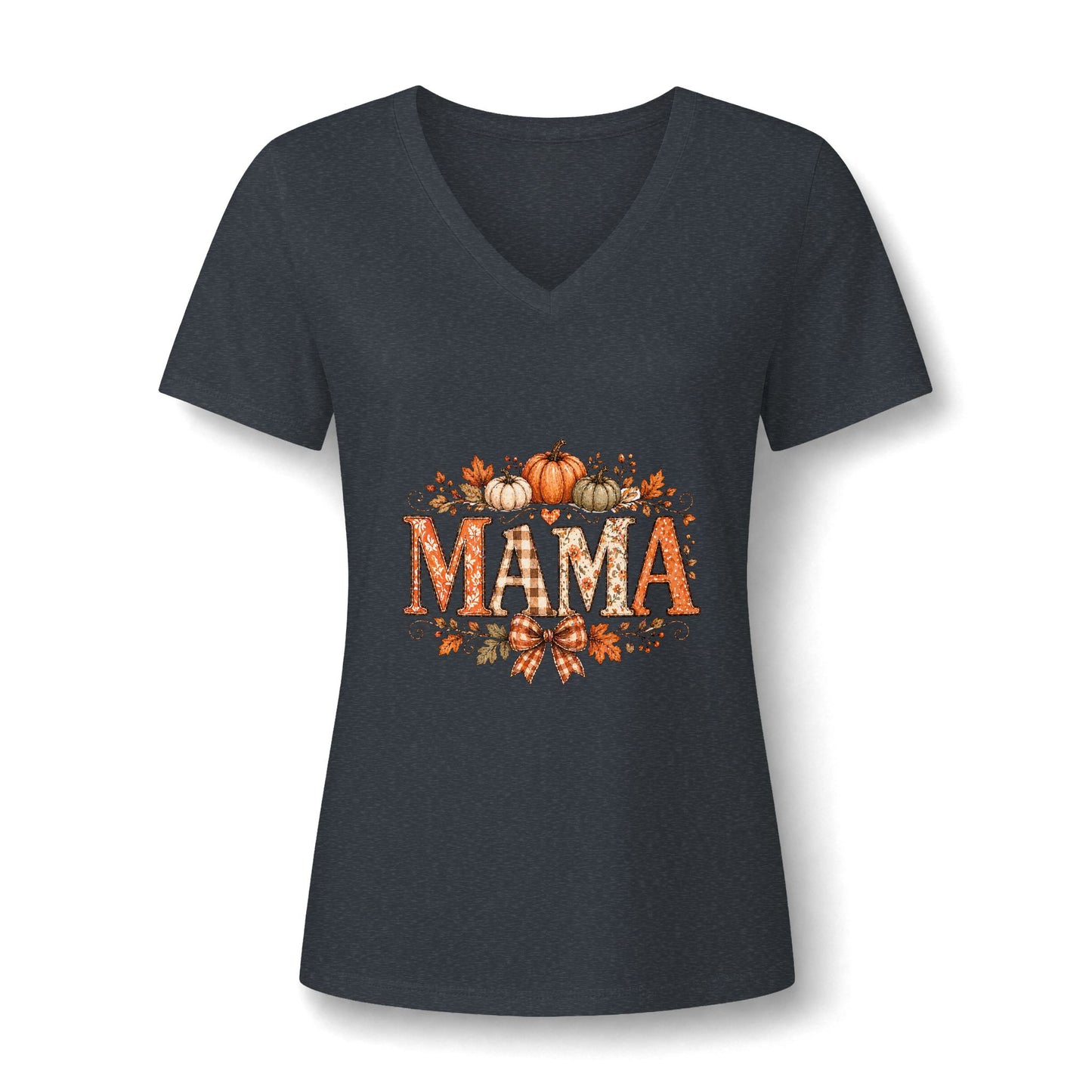 Mama Fall V-Neck Tee — Pumpkin & Autumn Leaves Graphic