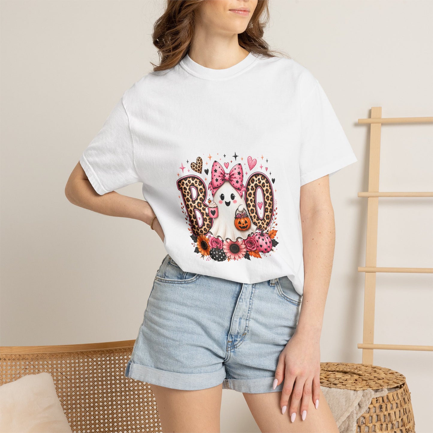 Boo Floral Ghost T-Shirt — Cute Pink Leopard Halloween Tee
