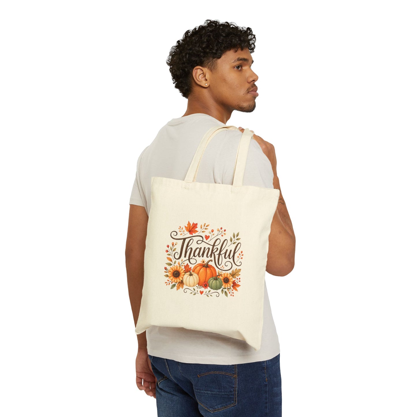 Thankful Fall Tote Bag – Pumpkin & Sunflower Cotton Canvas Grocery Tote