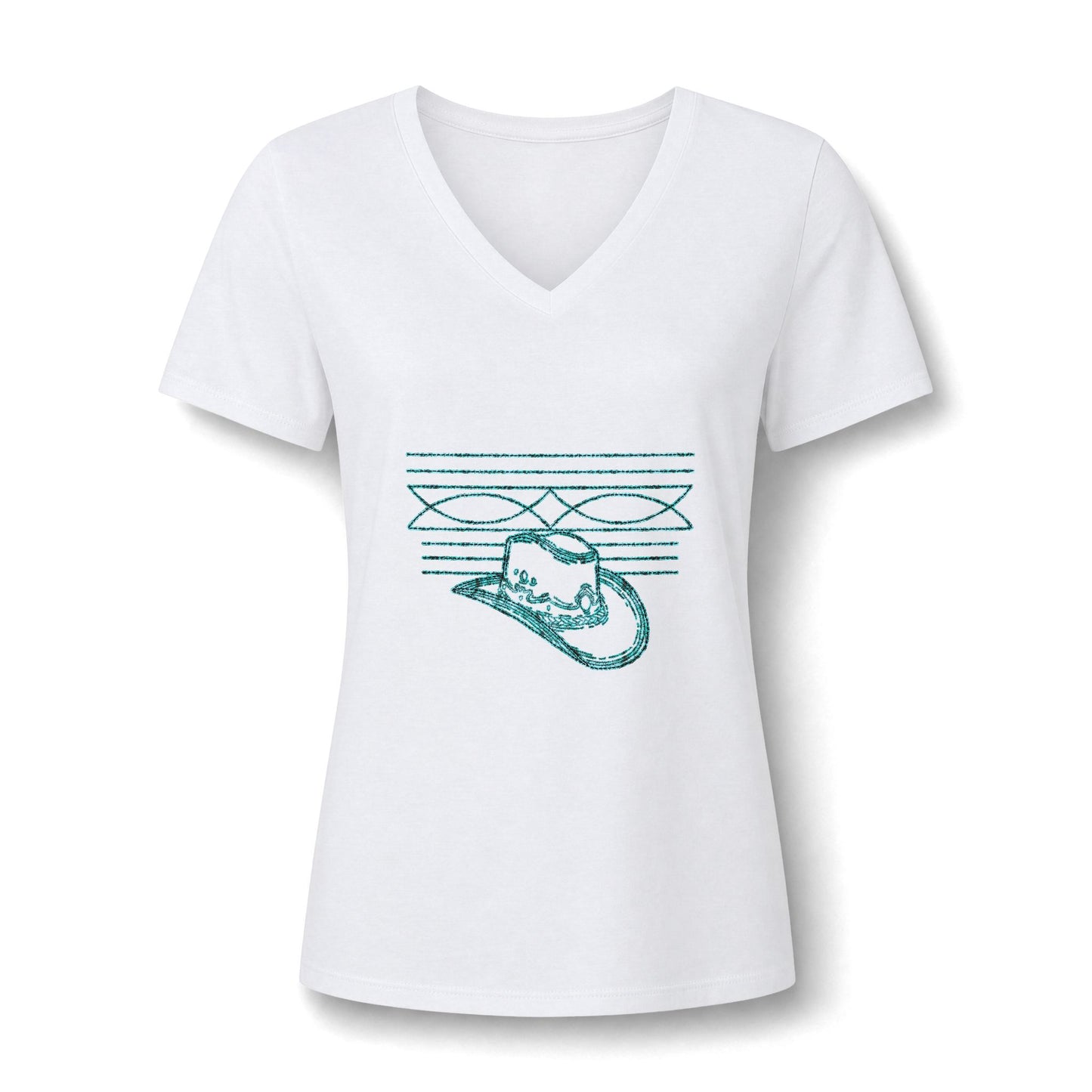 Women’s V‑Neck Tee — Teal Distressed Cowboy Hat Graphic