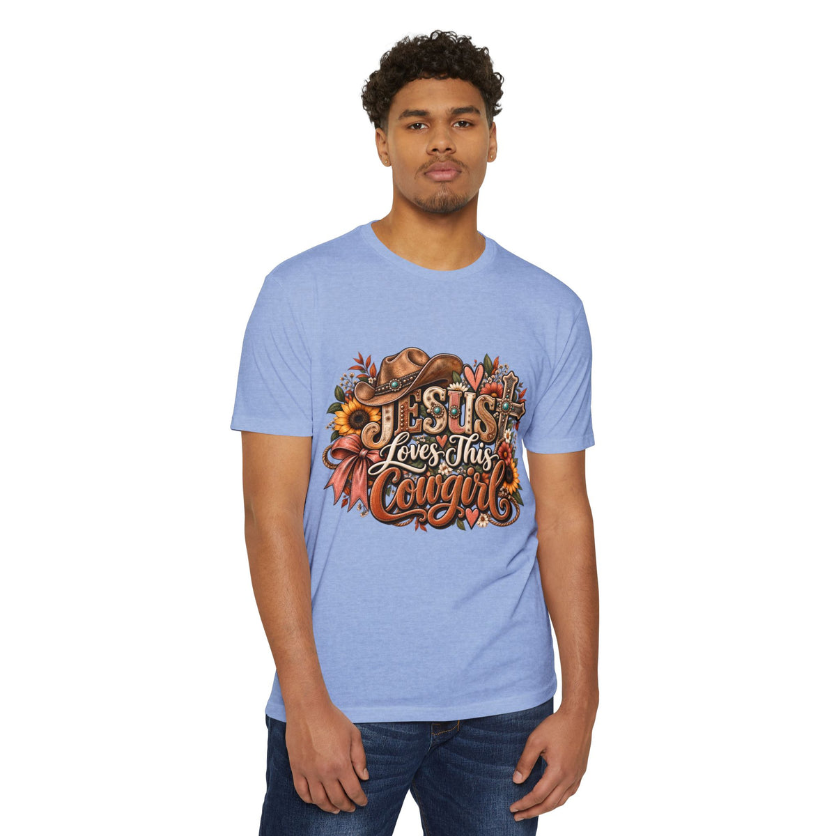 Jesus Loves This Cowgirl T-Shirt — Western Christian Graphic Tee with Sunflowers & Cowboy Hat