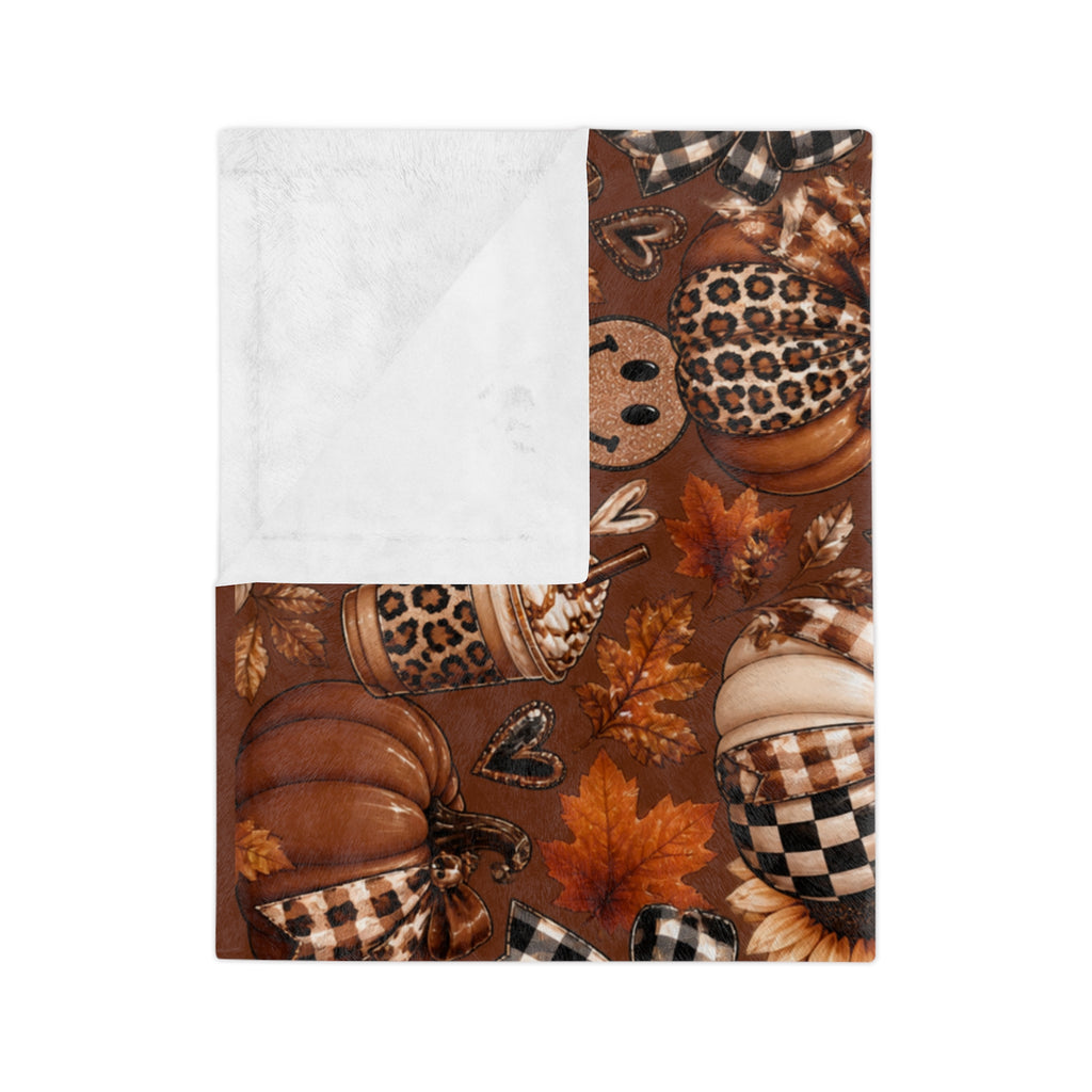 Autumn Pumpkin Patch Velveteen Blanket — Cozy Fall Throw with Plaid & Sunflower Design