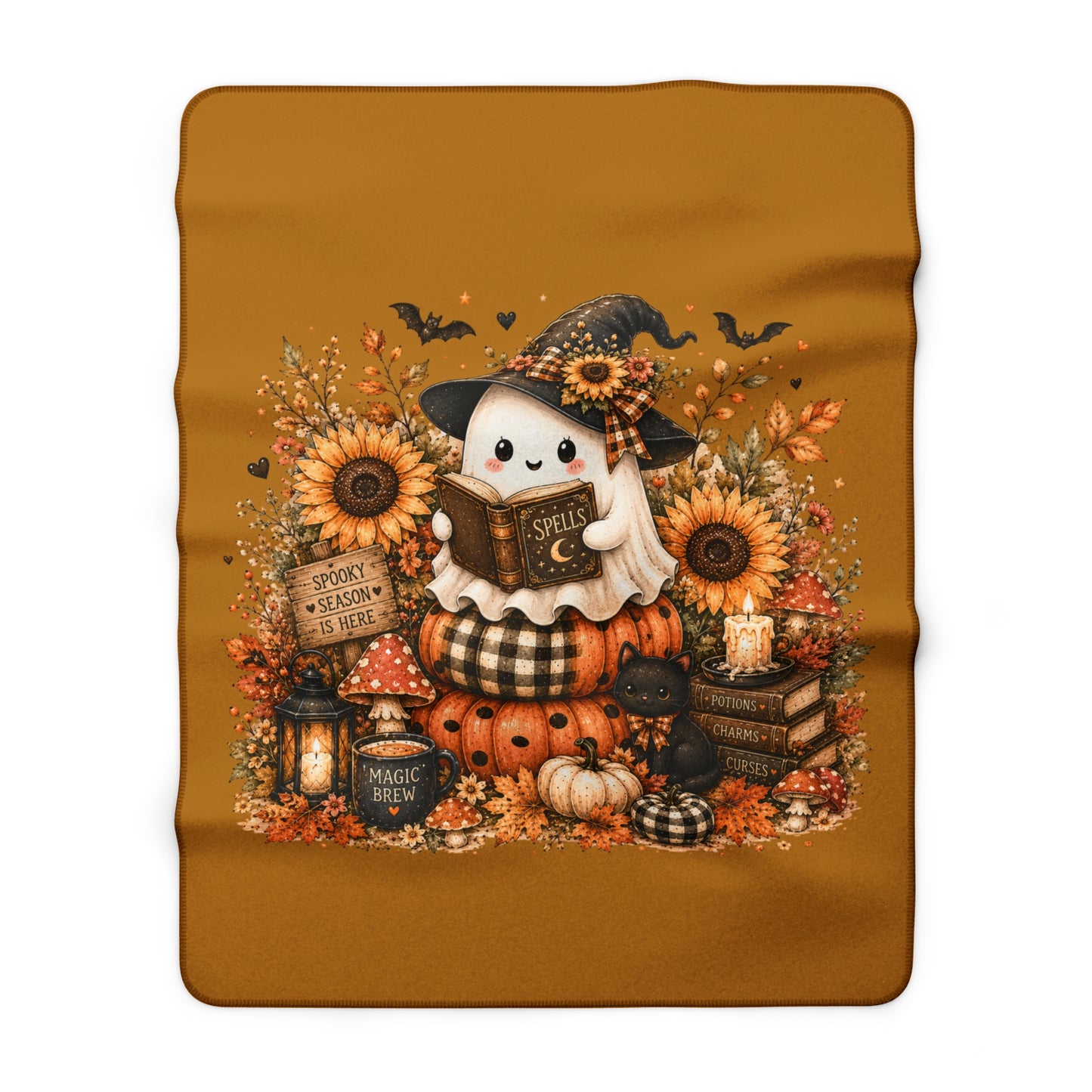Halloween Ghost Sherpa Blanket — Cute Ghost Reading 'Spells' Pumpkin Fall Throw