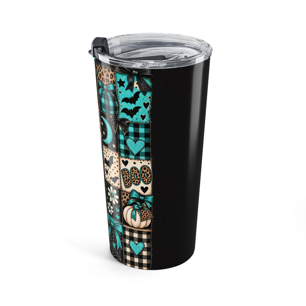 20oz Halloween Ghost Pattern Tumbler — "Spooky Season" Teal Plaid Travel Cup