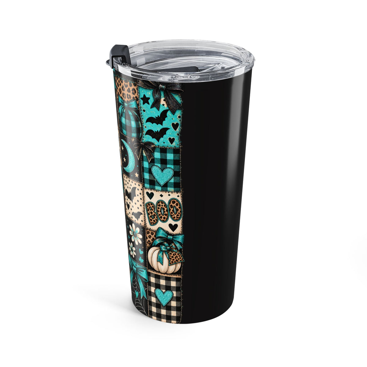 20oz Halloween Ghost Pattern Tumbler — "Spooky Season" Teal Plaid Travel Cup