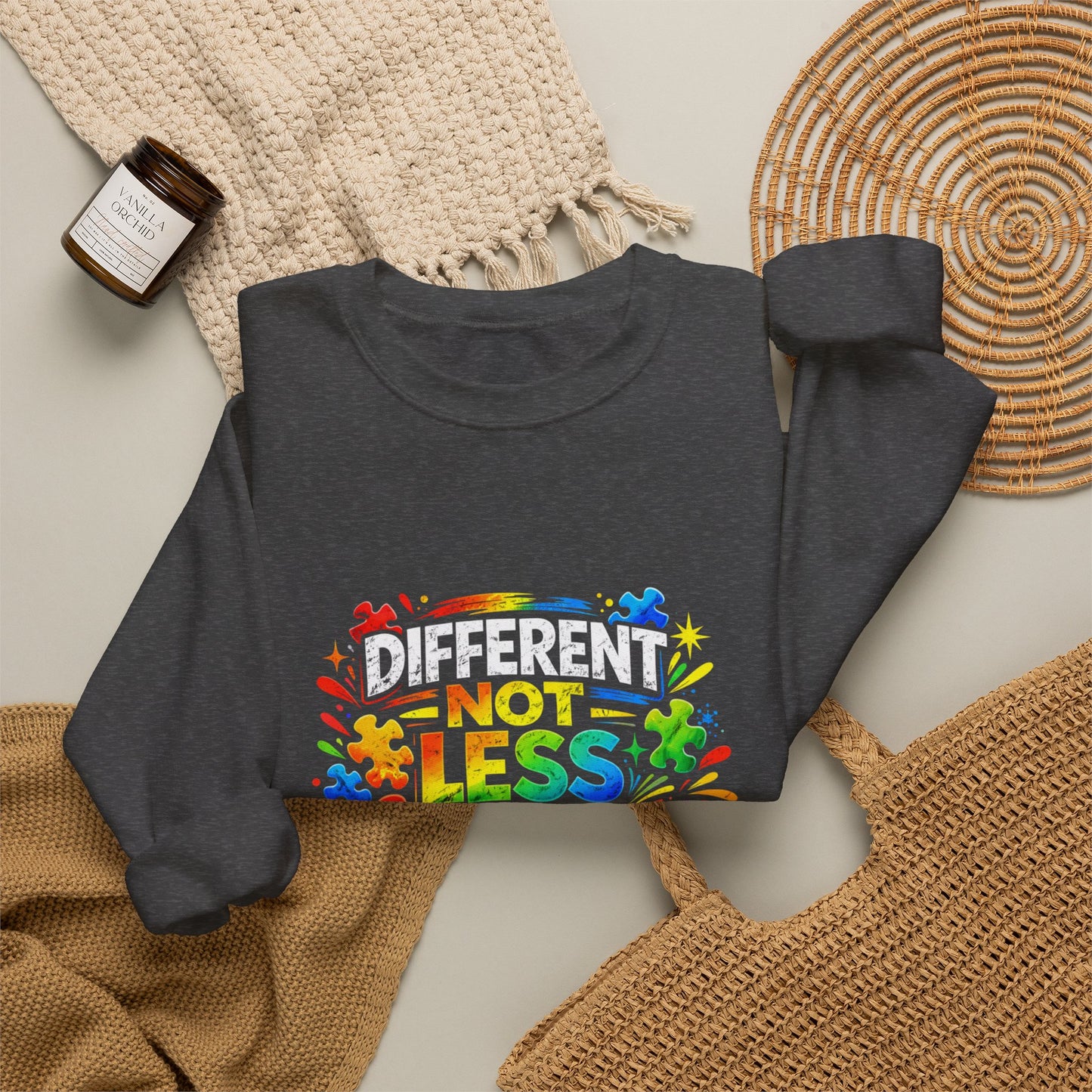 Autism Awareness Crewneck — "Different Not Less" Rainbow Sweatshirt