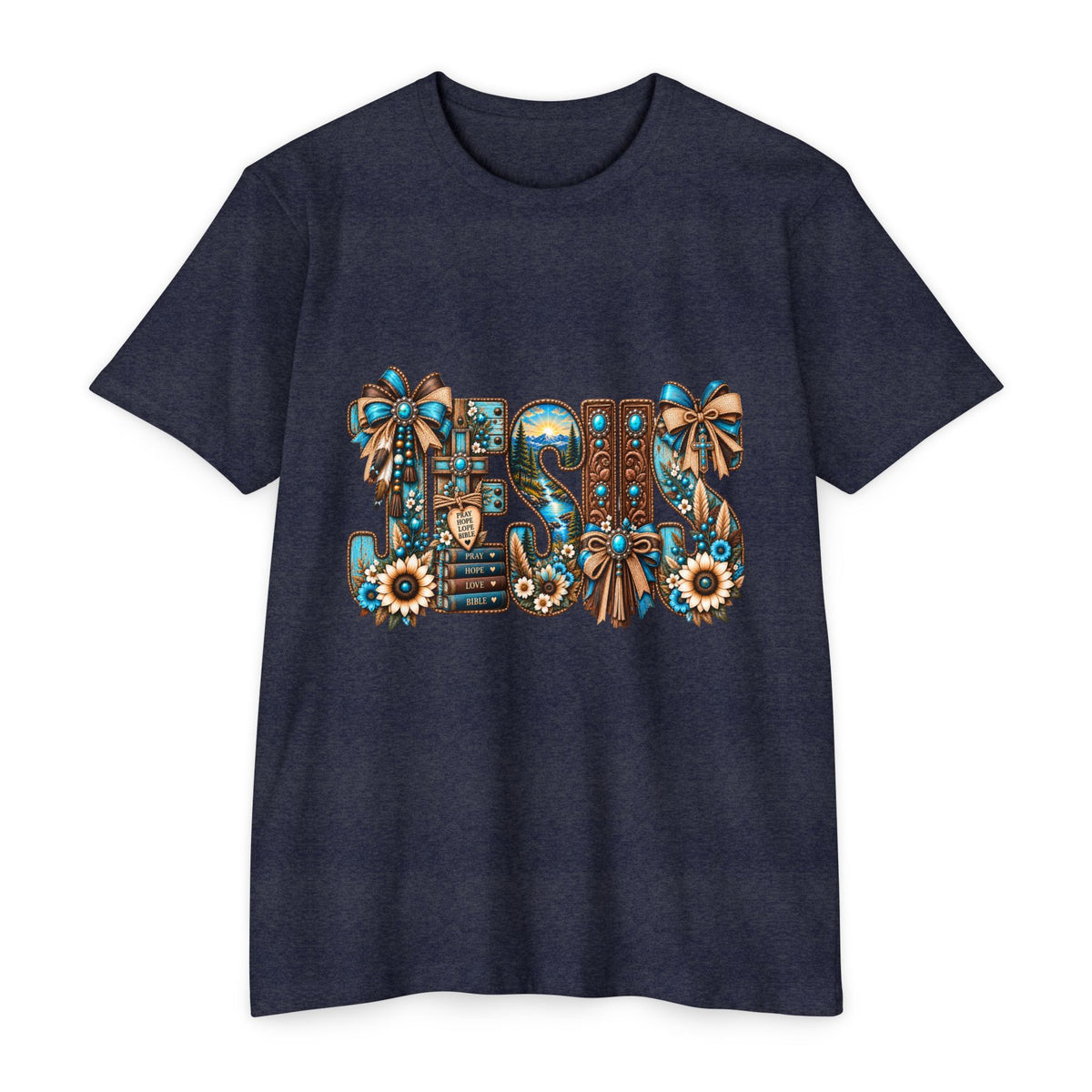 Jesus Floral Graphic T-Shirt — Decorative Faith Tee with Bows & Sunflowers