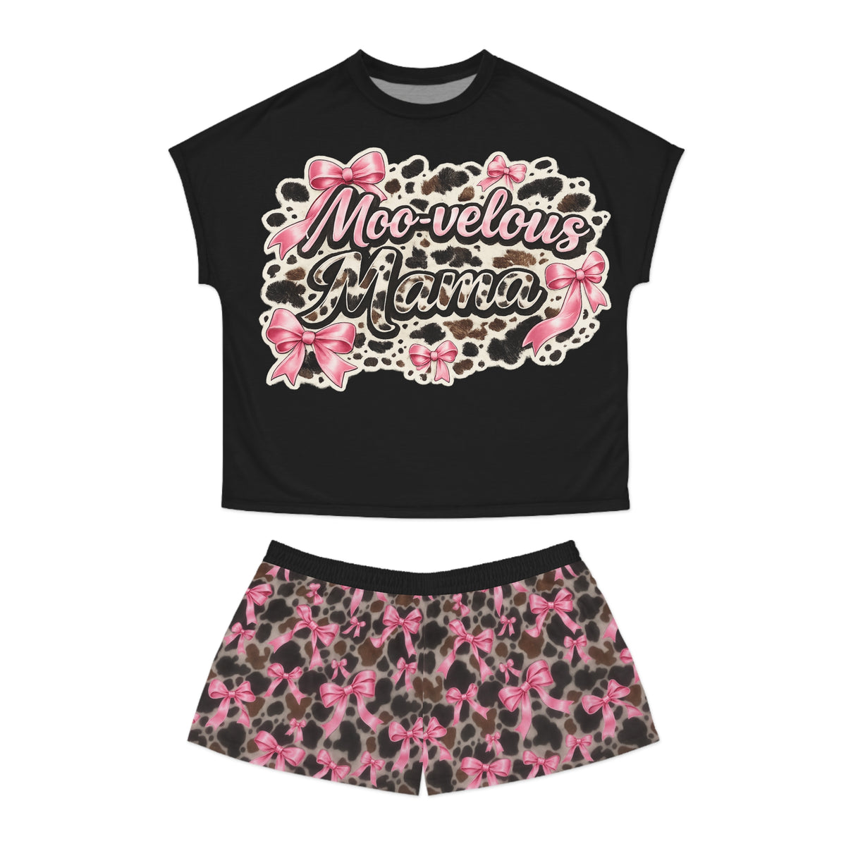 Moo-velous Mama Women's Pajama Set — Pink Cow Print Shorts & Graphic Tee