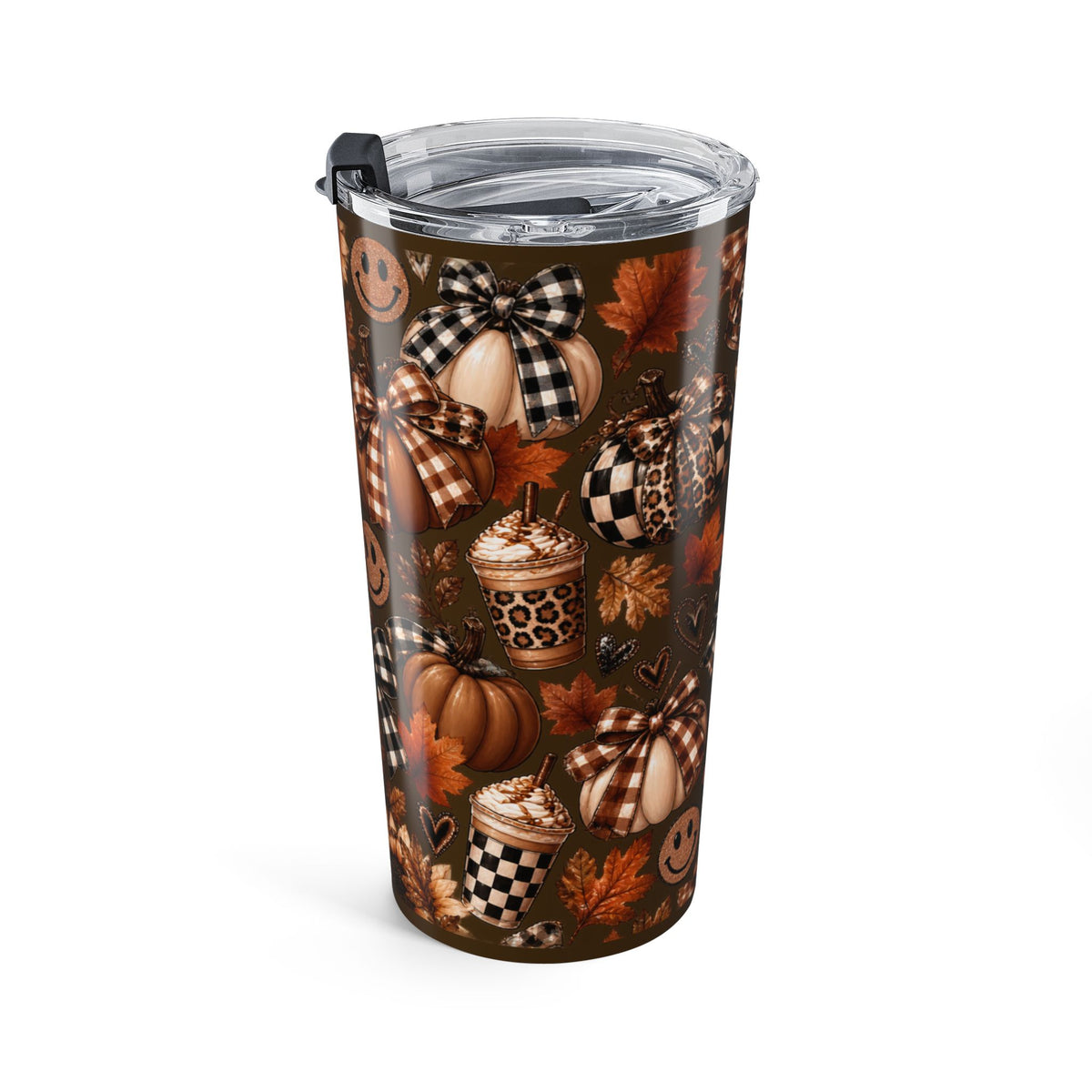 20oz Fall Pumpkin Sunflower Tumbler — Autumn Plaid Smile Travel Cup