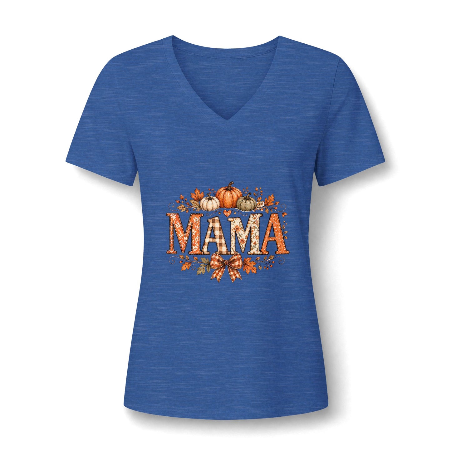 Mama Fall V-Neck Tee — Pumpkin & Autumn Leaves Graphic