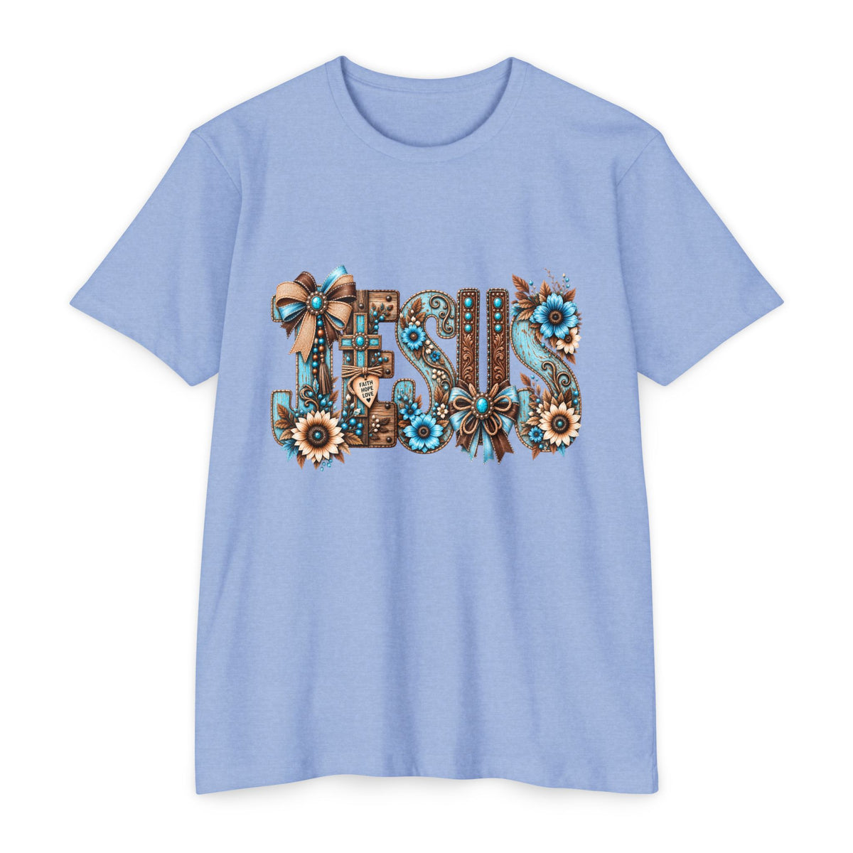 Jesus Floral Typography T-Shirt — Rustic Blue & Brown Christian Tee