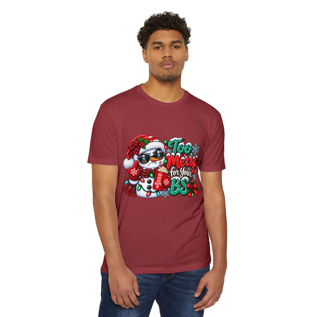 Christmas Penguin T‑Shirt — "Too Merry for Your BS" Funny Holiday Tee