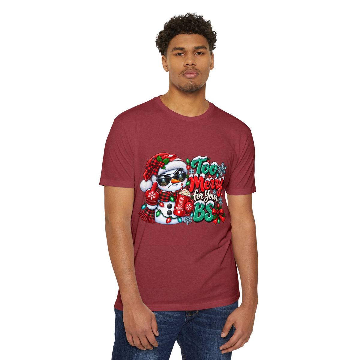 Christmas Penguin T‑Shirt — "Too Merry for Your BS" Funny Holiday Tee