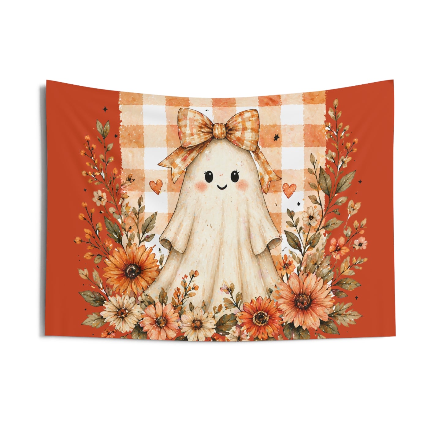 Autumn Cute Ghost Wall Tapestry — Fall Floral Pumpkin Spice Decor