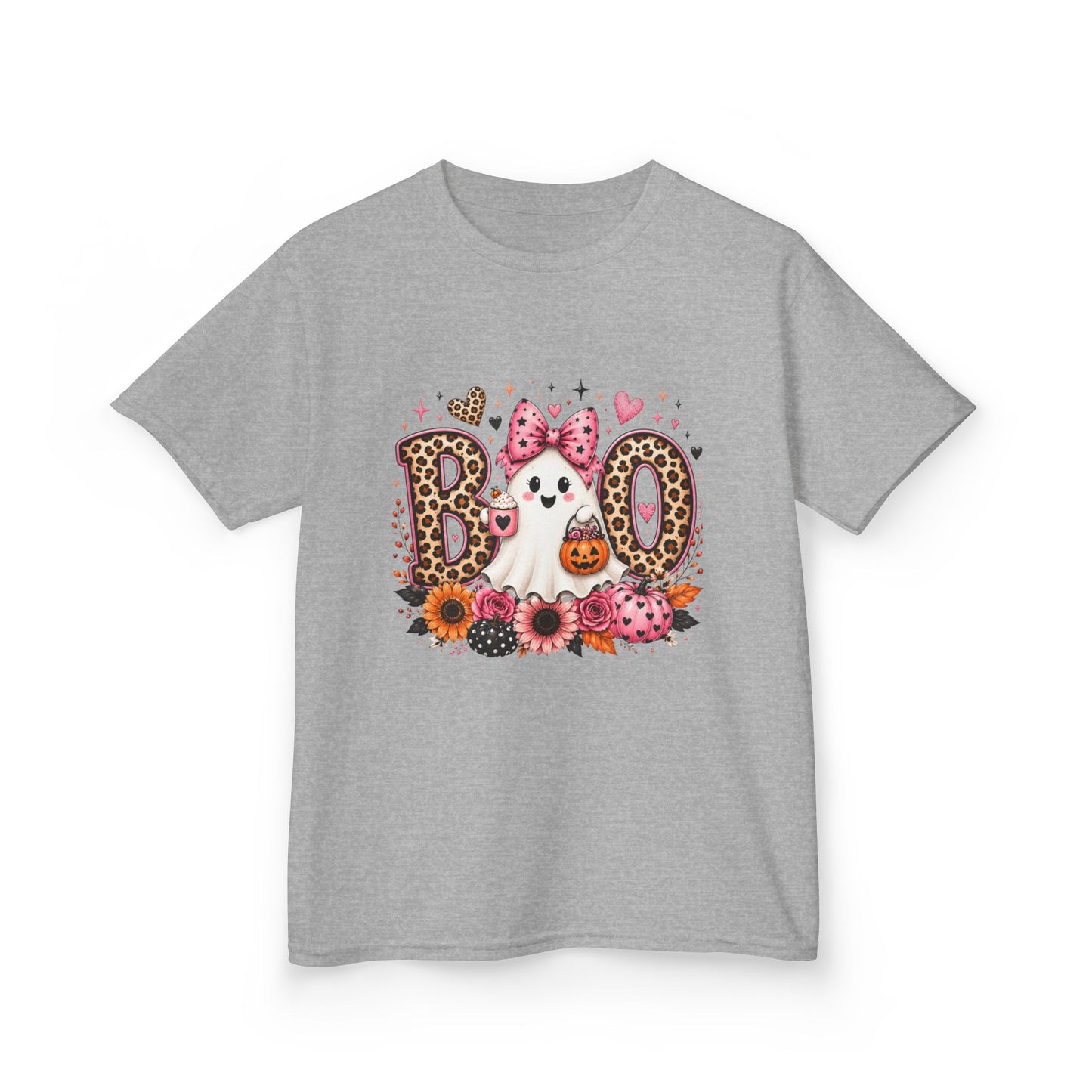 Kids' Halloween 'Boo' Ghost Tee — Cute Leopard Print & Floral Costume Shirt