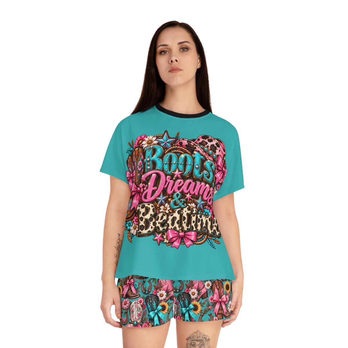 Women's Pajama Set - 'Boots Dreams & Glitter' Floral Cowboy Short Sleep Set