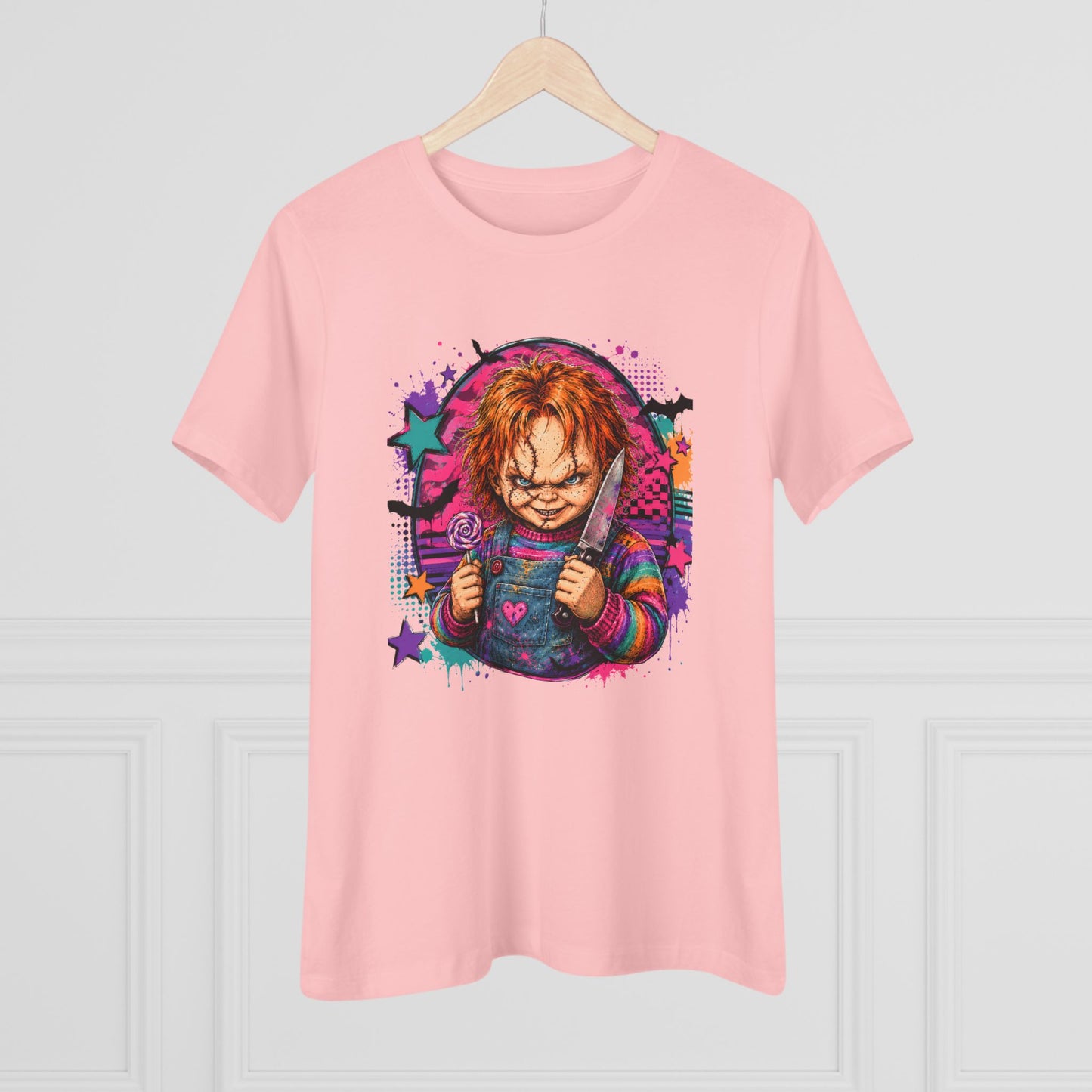 Chucky Horror Graphic Tee — Retro Neon Killer Doll Shirt for Women